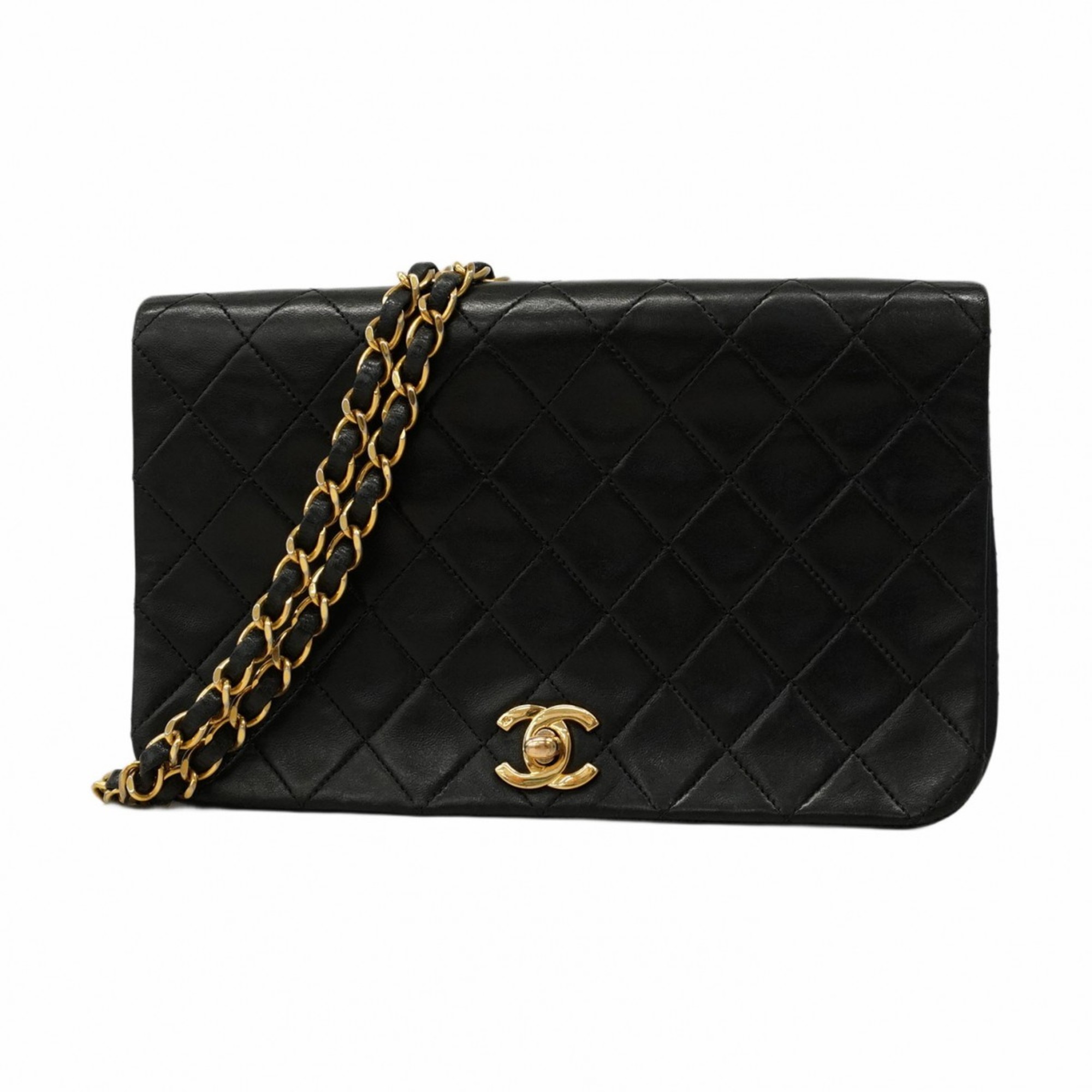 Chanel Matelasse Shoulder Bag with Chain Bag, Lambskin, Black, Women’s