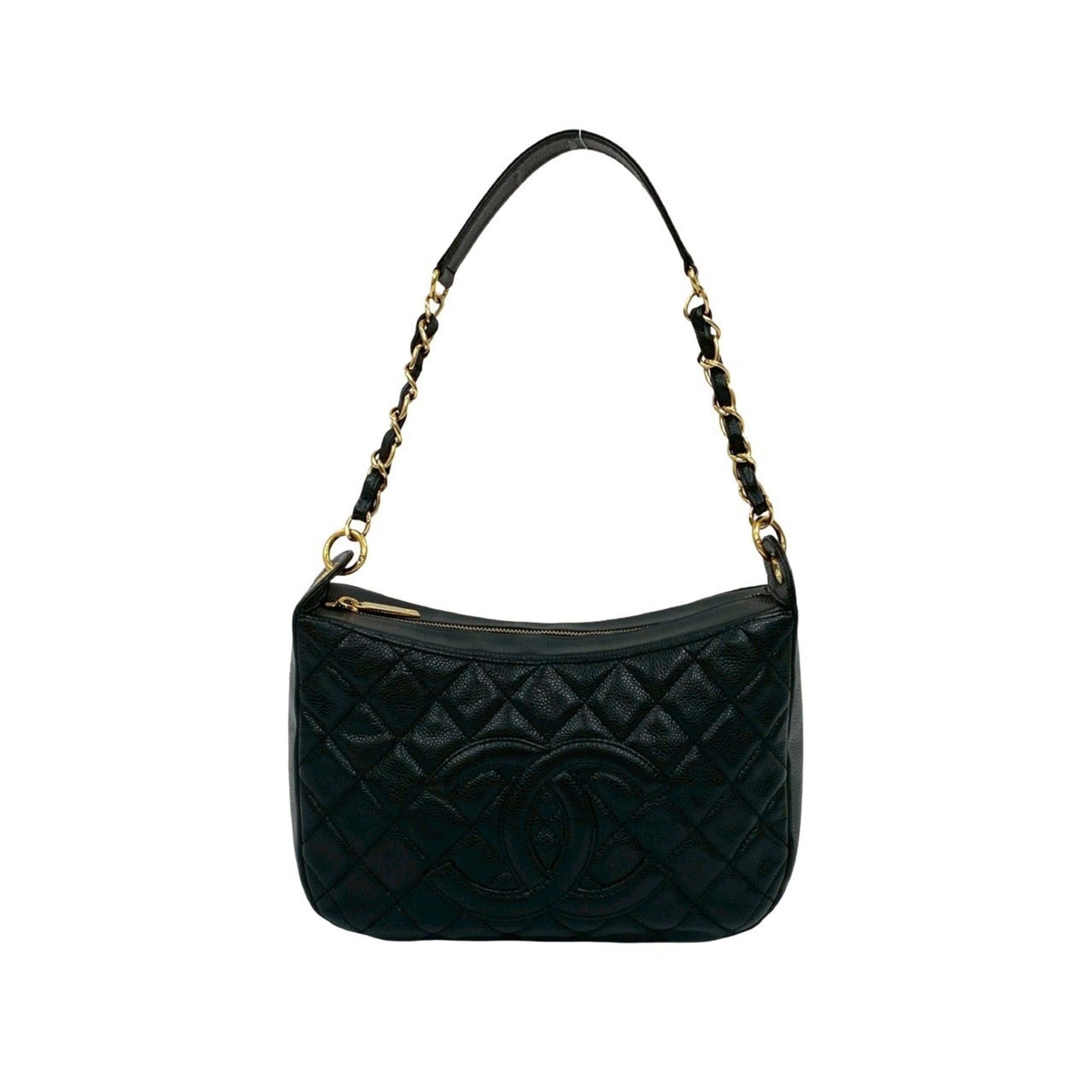 CHANEL Matelasse Coco Mark Caviar Skin Semi-One Shoulder Bag/Handbag, Black, 765-9