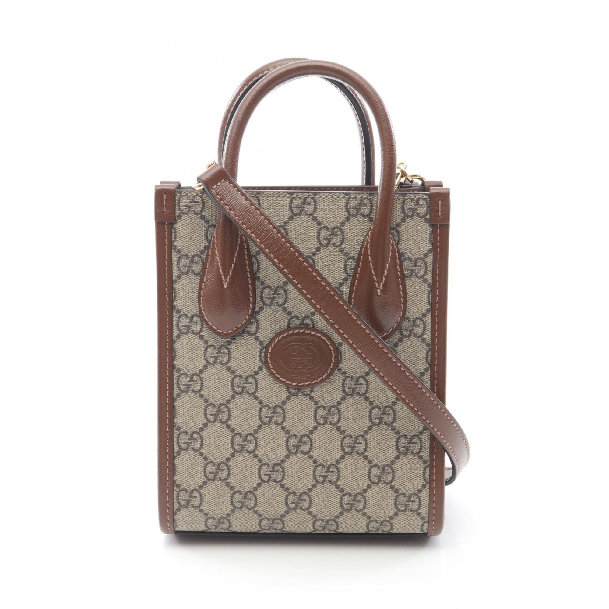 GUCCI Interlocking G Mini Tote Bag Handbag Coated Canvas Leather Women’s Beige Brown 671623