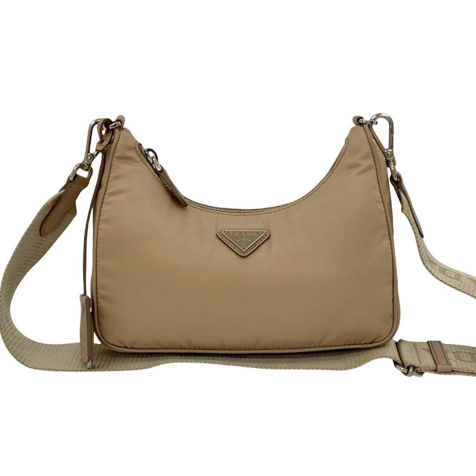 Prada Re-Edition Triangle Logo Hardware Nylon and Saffiano Leather Semi-Shoulder Bag, Beige, 24566