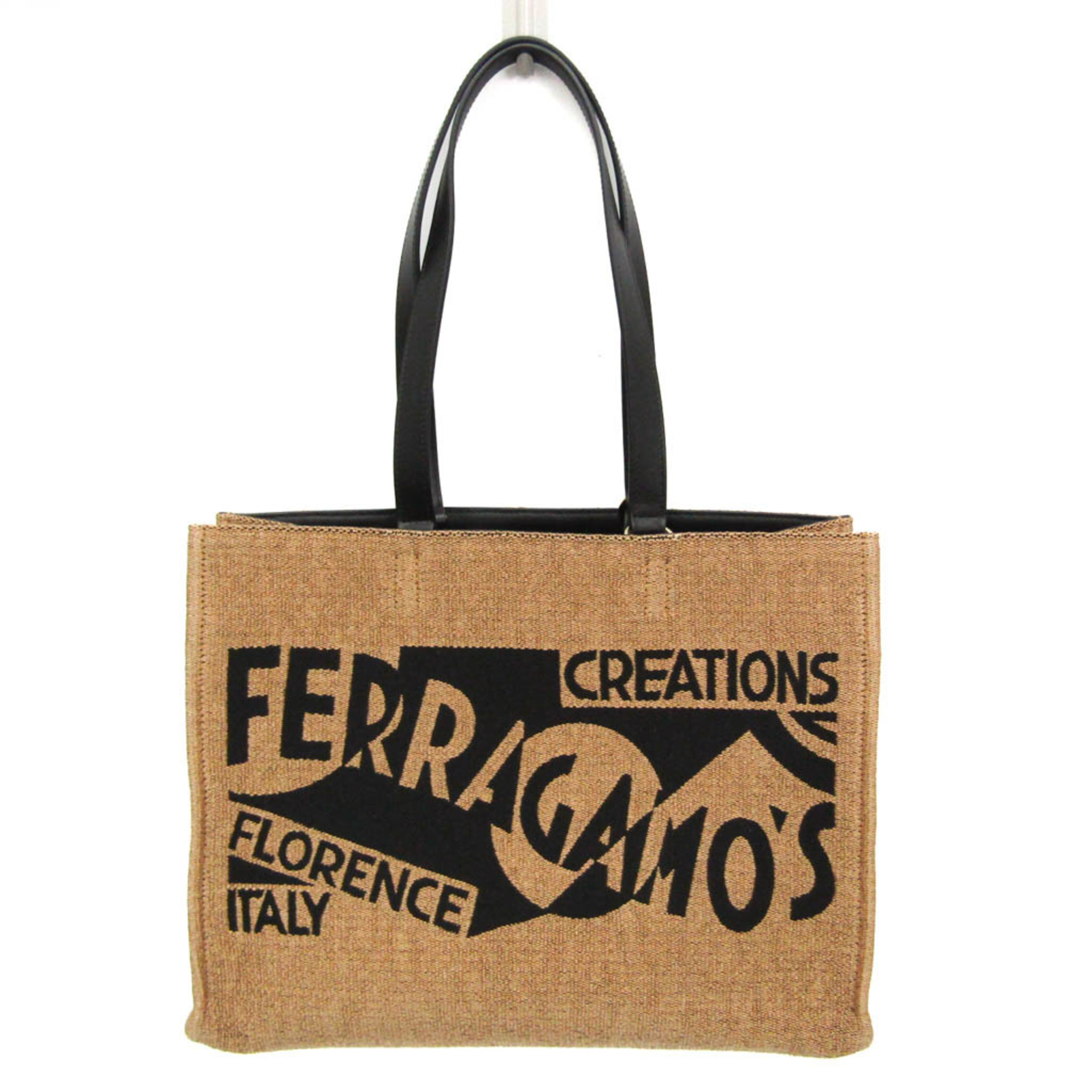 Salvatore Ferragamo Medium GG-219406 Women,Men Fabric,Leather Handbag,Tote Bag Beige,Black