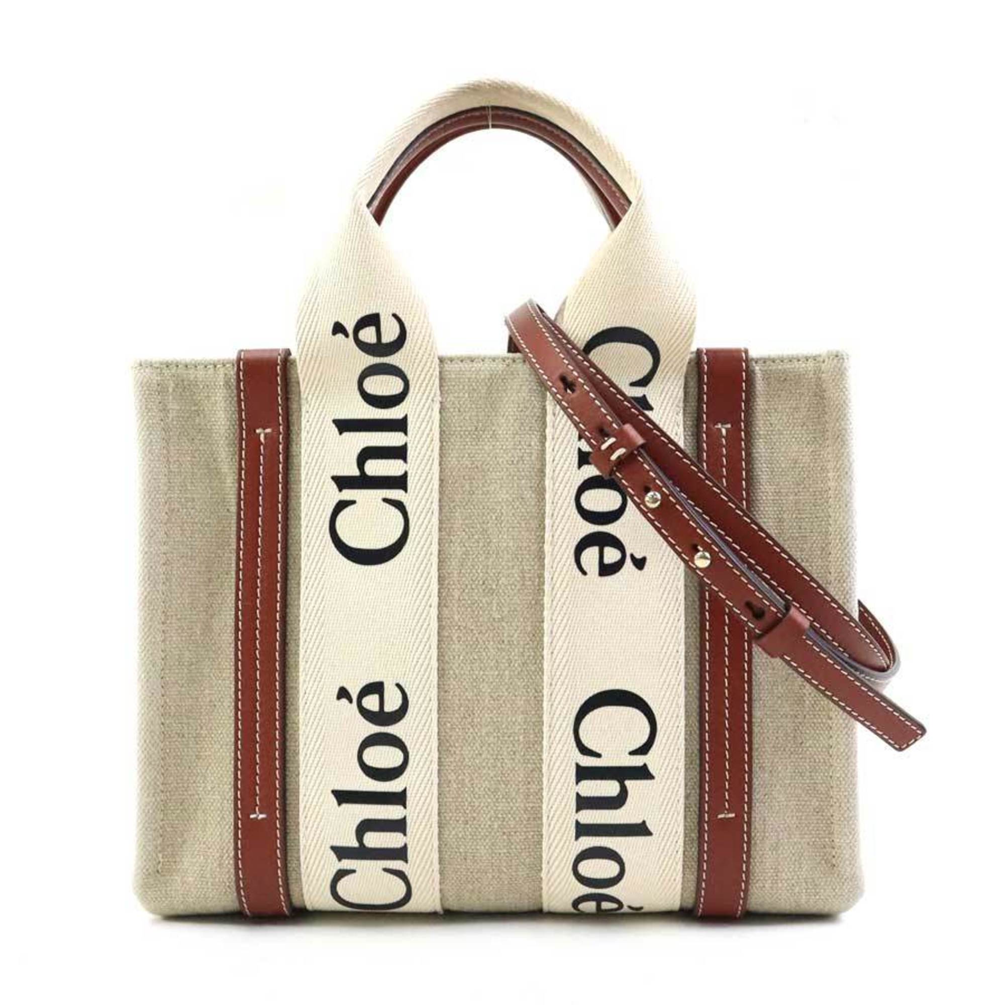 ChloÃ© Chloe Handbag Shoulder Bag WOODY Small Canvas Leather Beige x Brown Women’s h31004g