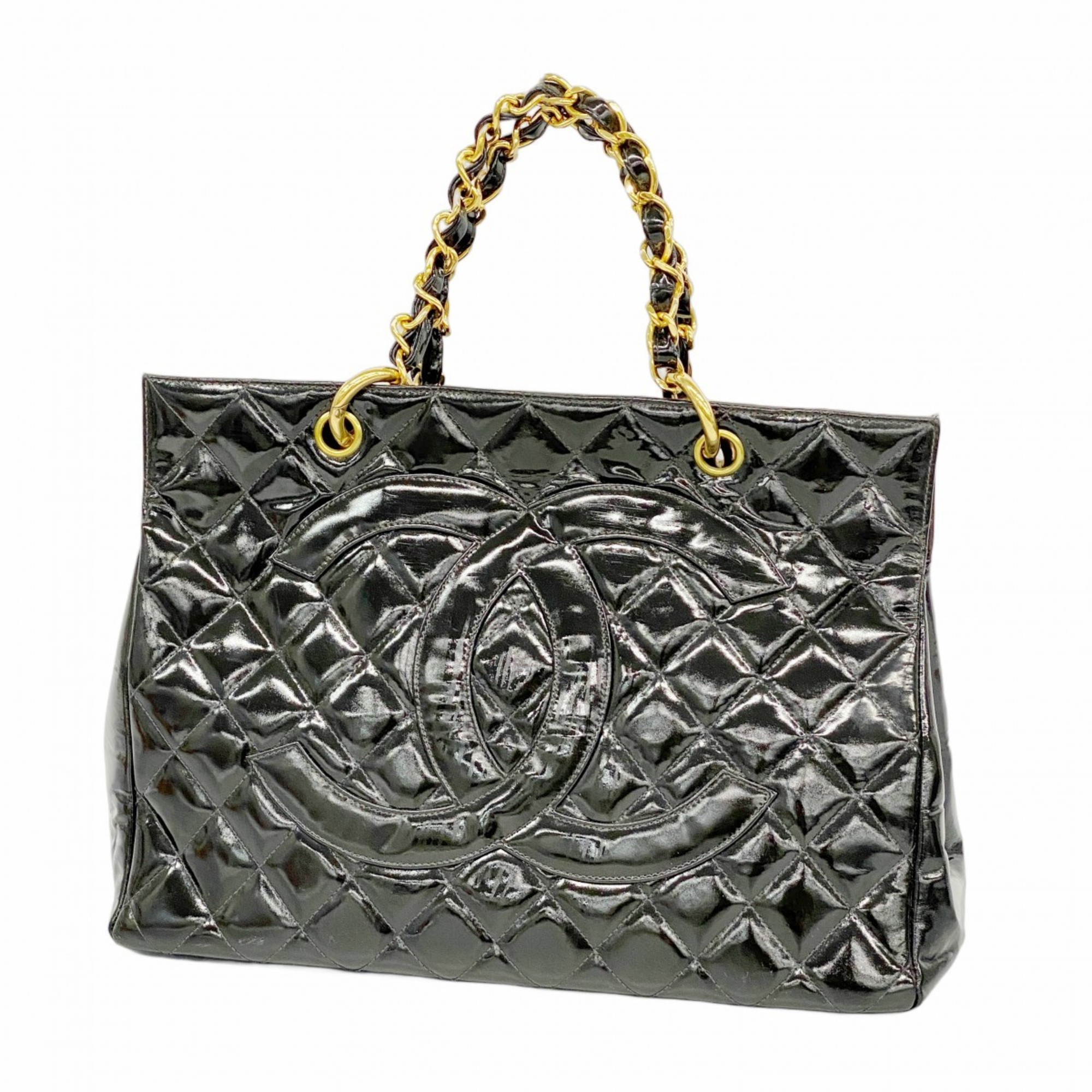 Chanel Matelasse Tote Bag with Chain Shoulder Strap, Patent Leather, Black, Women’s