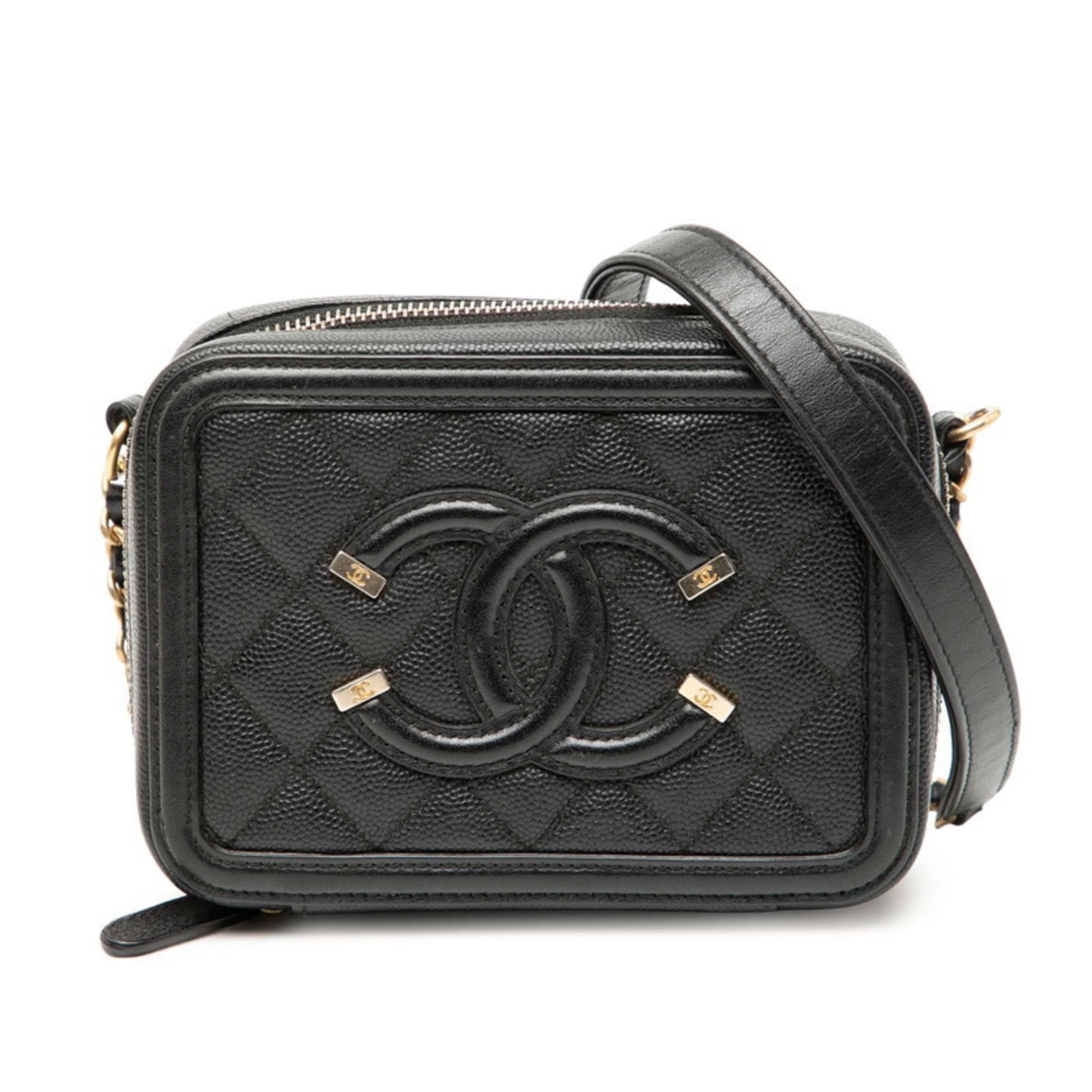 CHANEL Matelasse CC Filigree Chain Wallet Shoulder Bag in Black Caviar Skin for Women