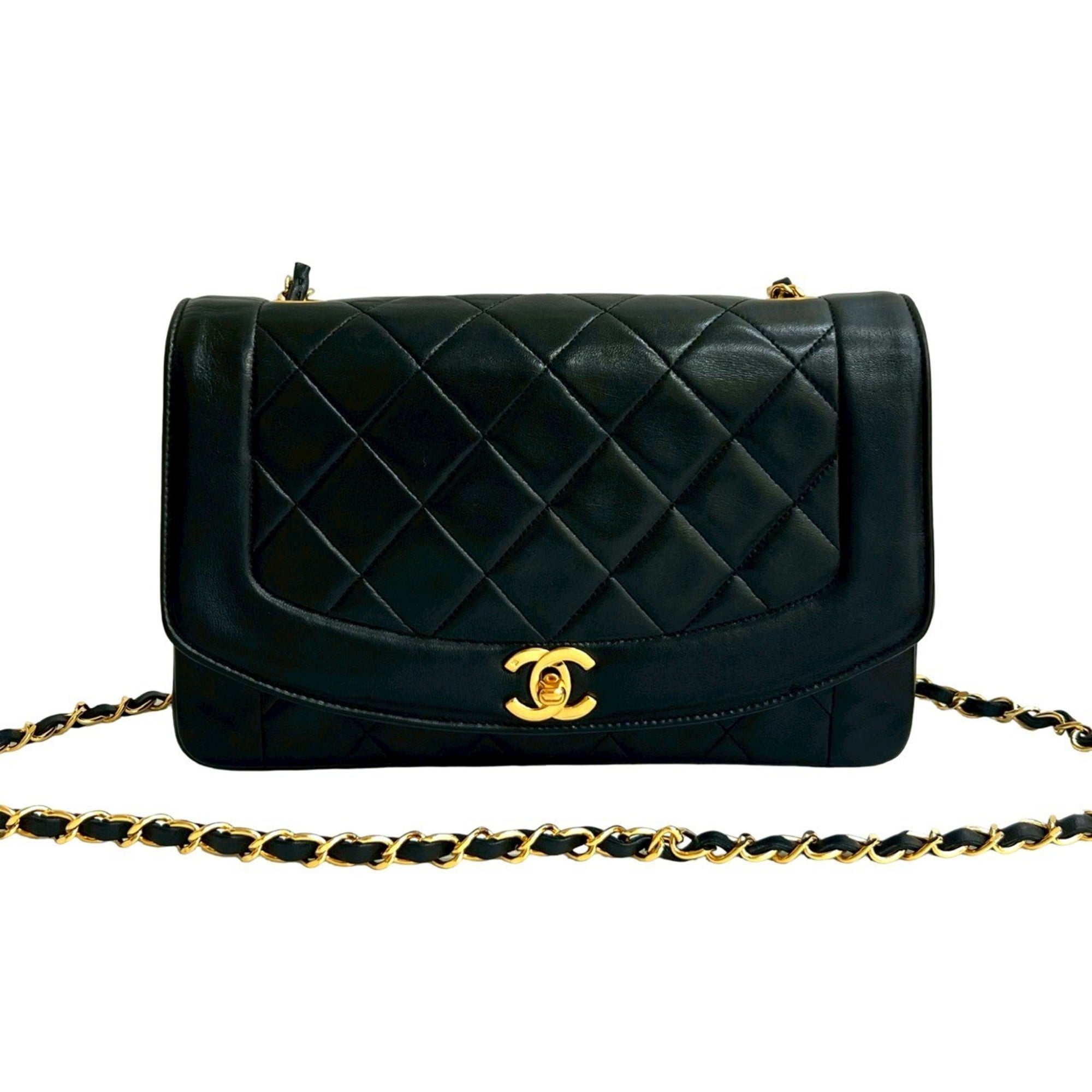 CHANEL Diana 25 Matelasse Lambskin Chain Shoulder Bag, Black, 35180