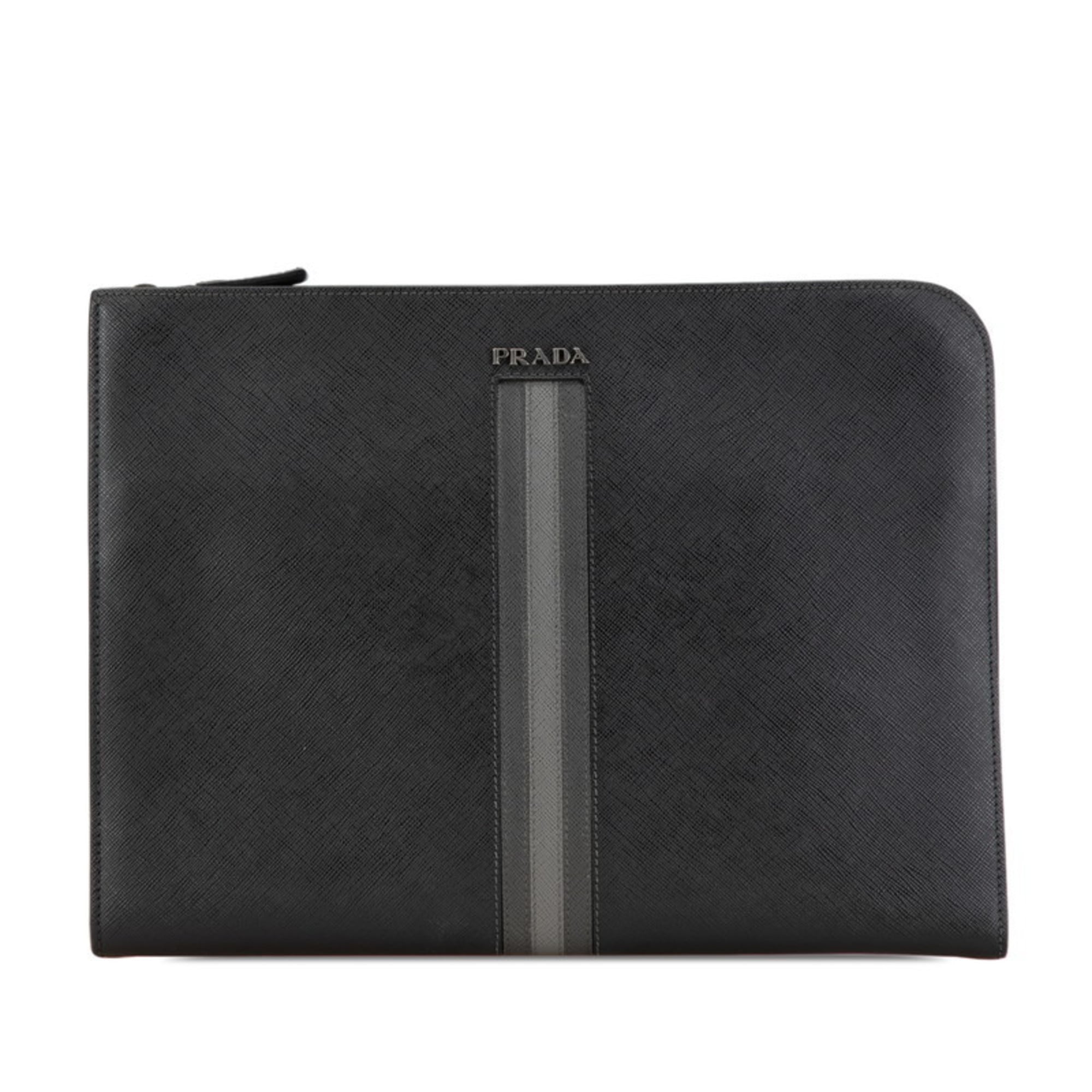 Prada clutch bag in black Saffiano leather for women.