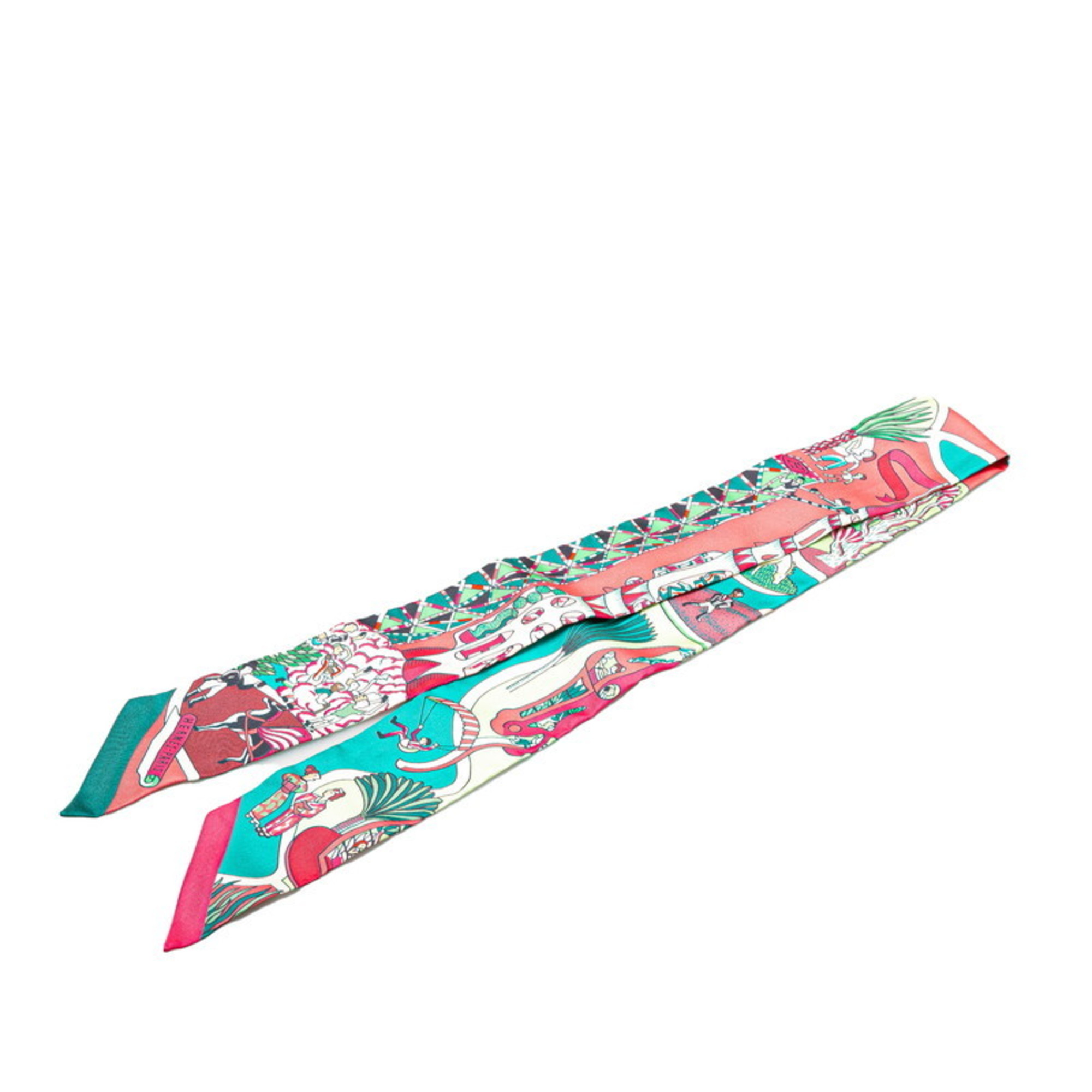 Hermes Twilly EXPOSITION UNIVERSELLE Off Scarf Muffler Pink Green Multicolor Silk Women’s HERMES