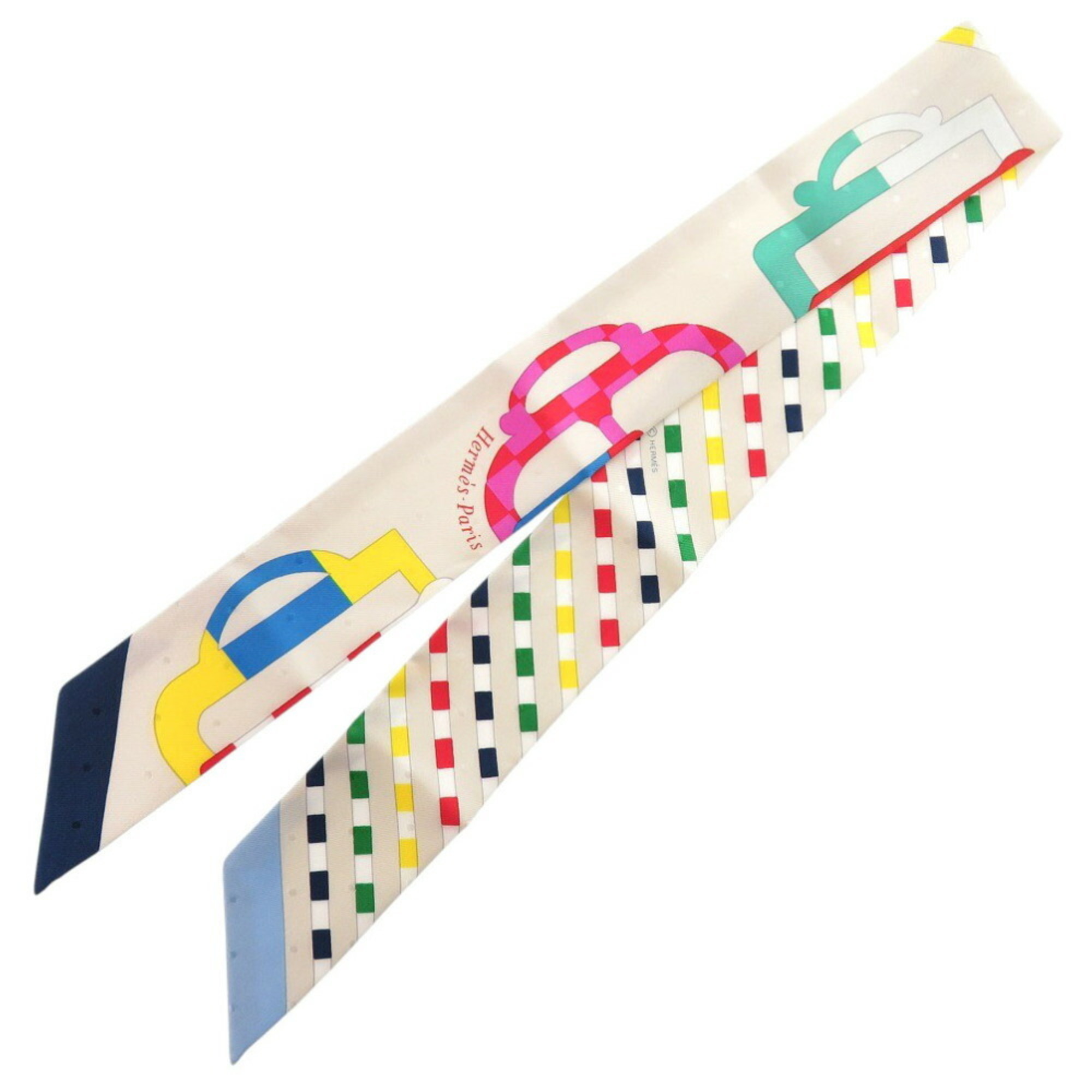 Hermes Twilly Bouclerie Moderne Modern Buckle Silk Crayon/Blue/Rouge Scarf Muffler 0172HERMES