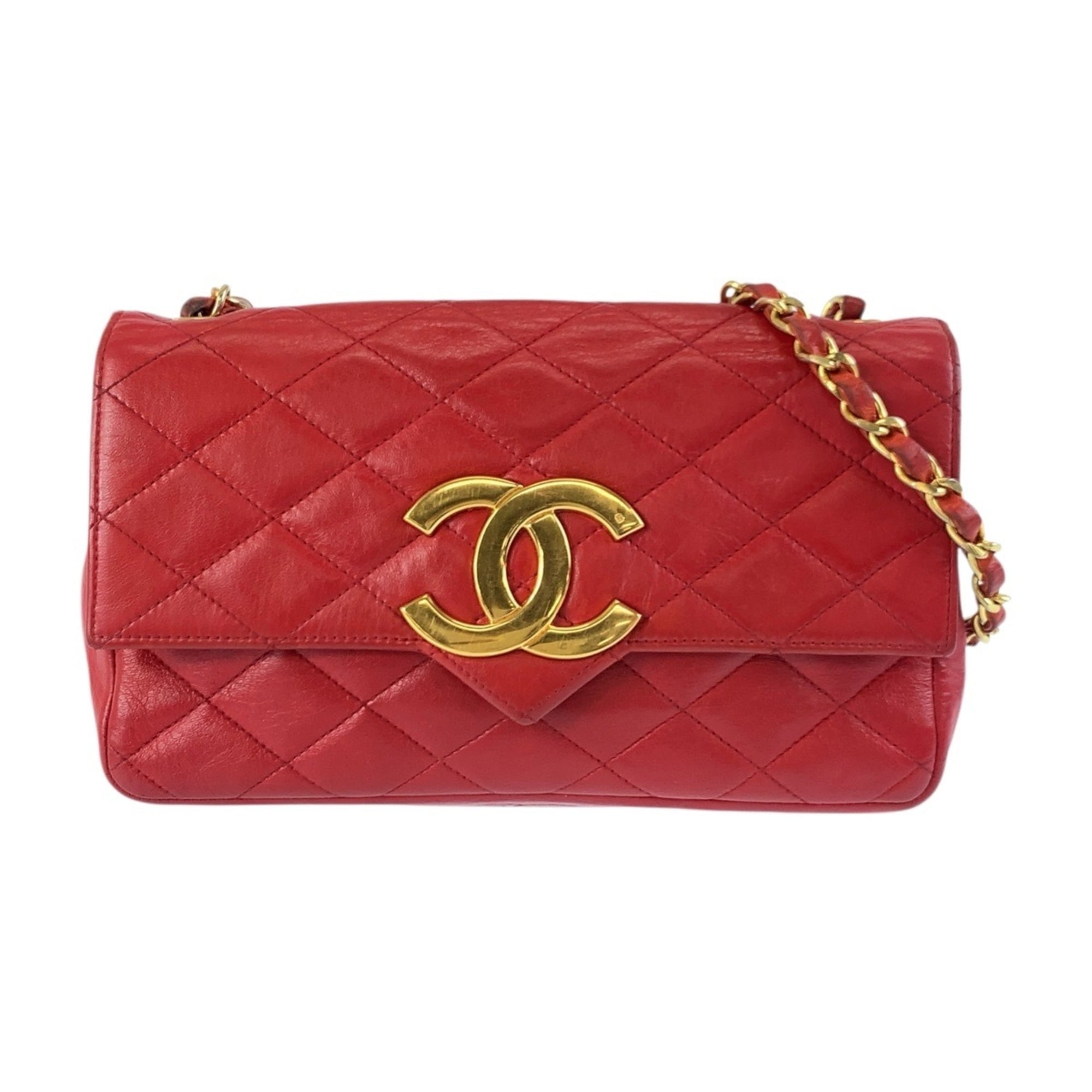 CHANEL Vintage Matelasse Deca Coco Red Gold Hardware Leather Chain Shoulder Bag Pochette for Women