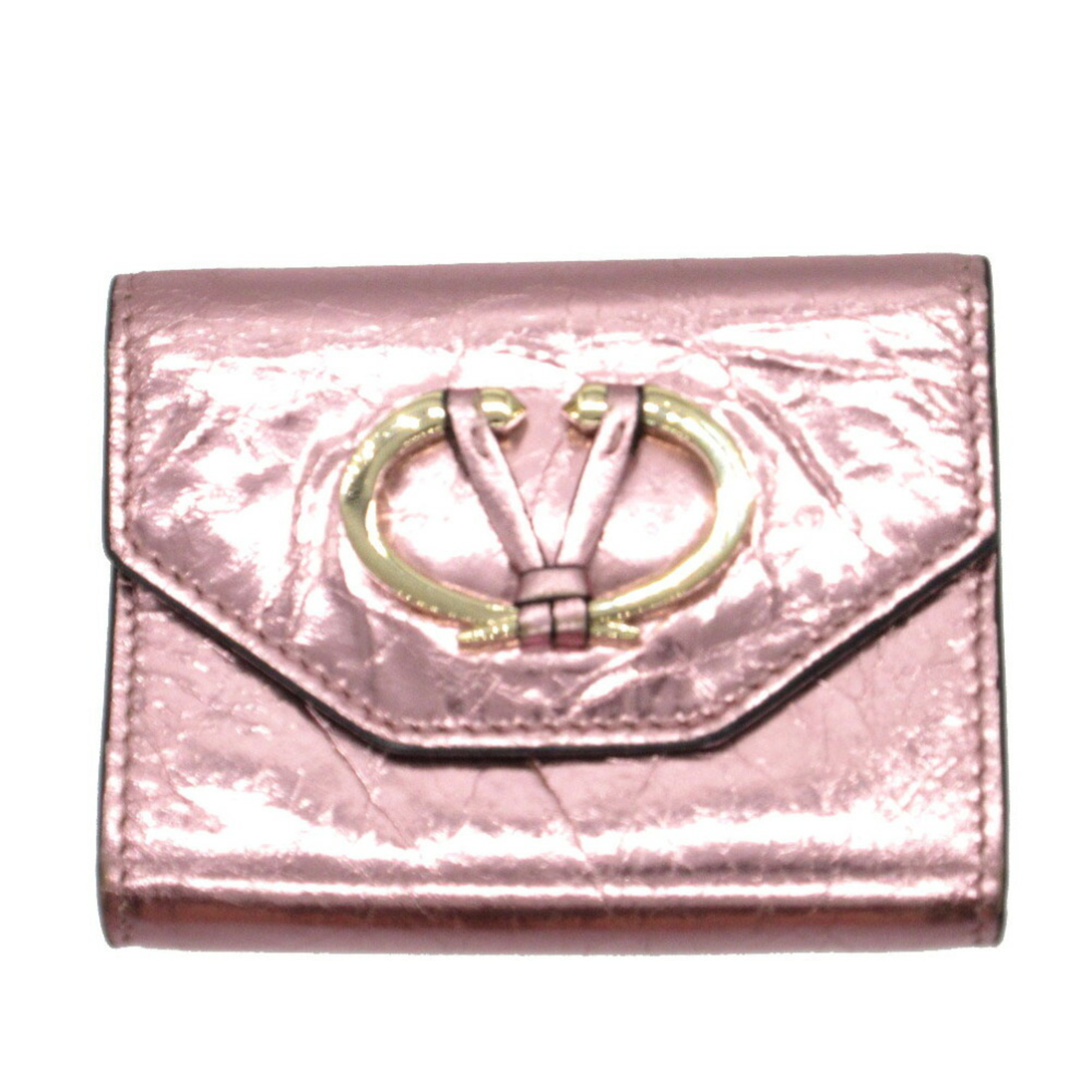 Valentino V Metal Color Wrinkled Card Case Leather Metallic Pink 1163VALENTINO