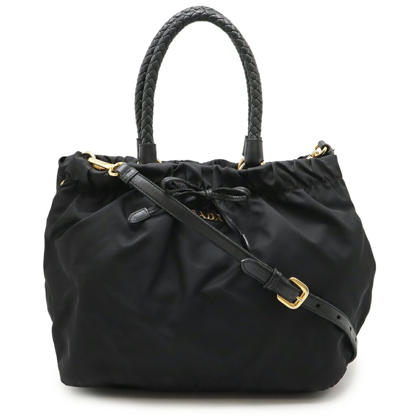 PRADA Prada Ribbon Gathered Handbag Tote Bag Handle Shoulder Nylon NERO Black BN1778