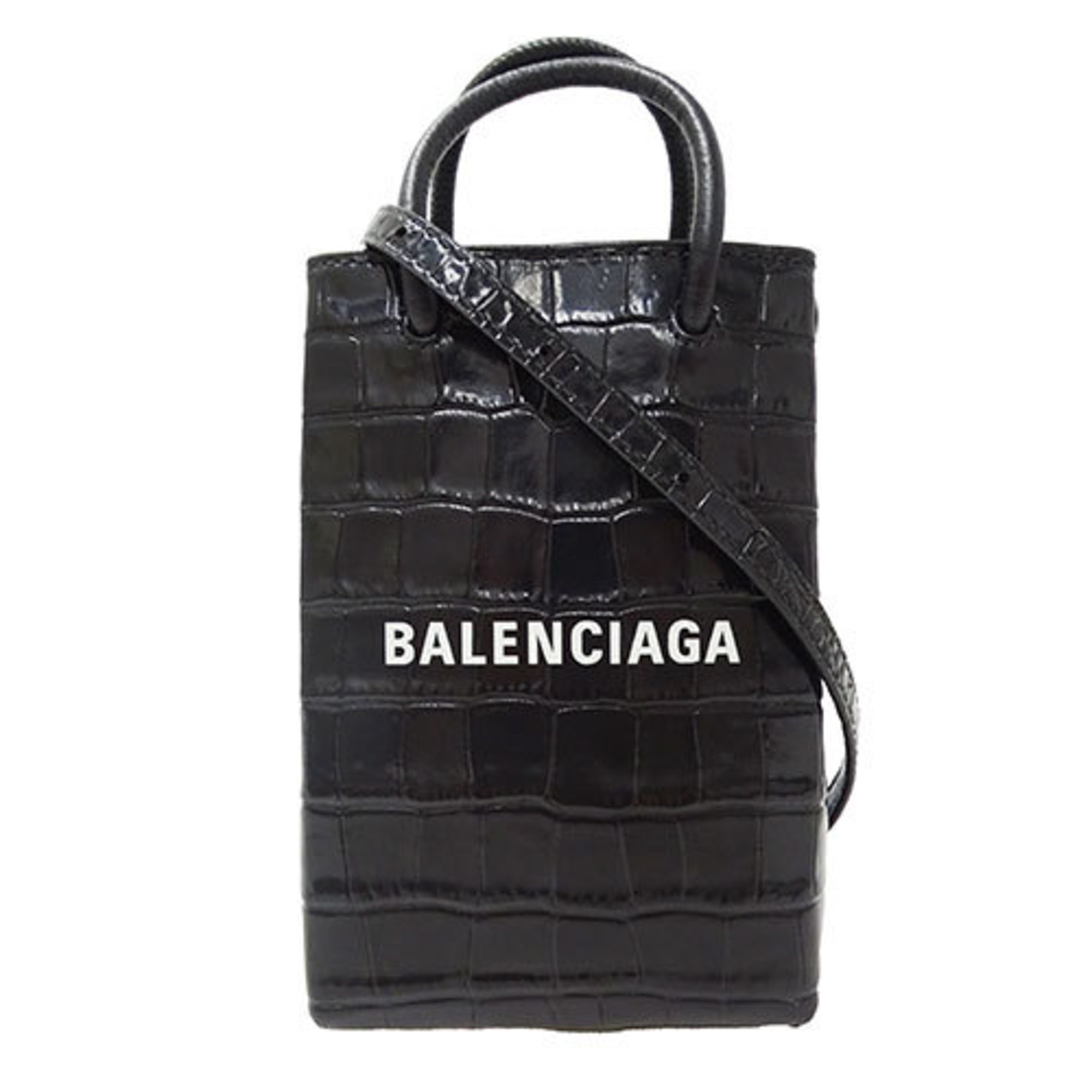 Balenciaga BALENCIAGA Women’s Designer Shoulder Bag, Black Leather, Crocodile Embossed, 593826, Crossbody Pochette
