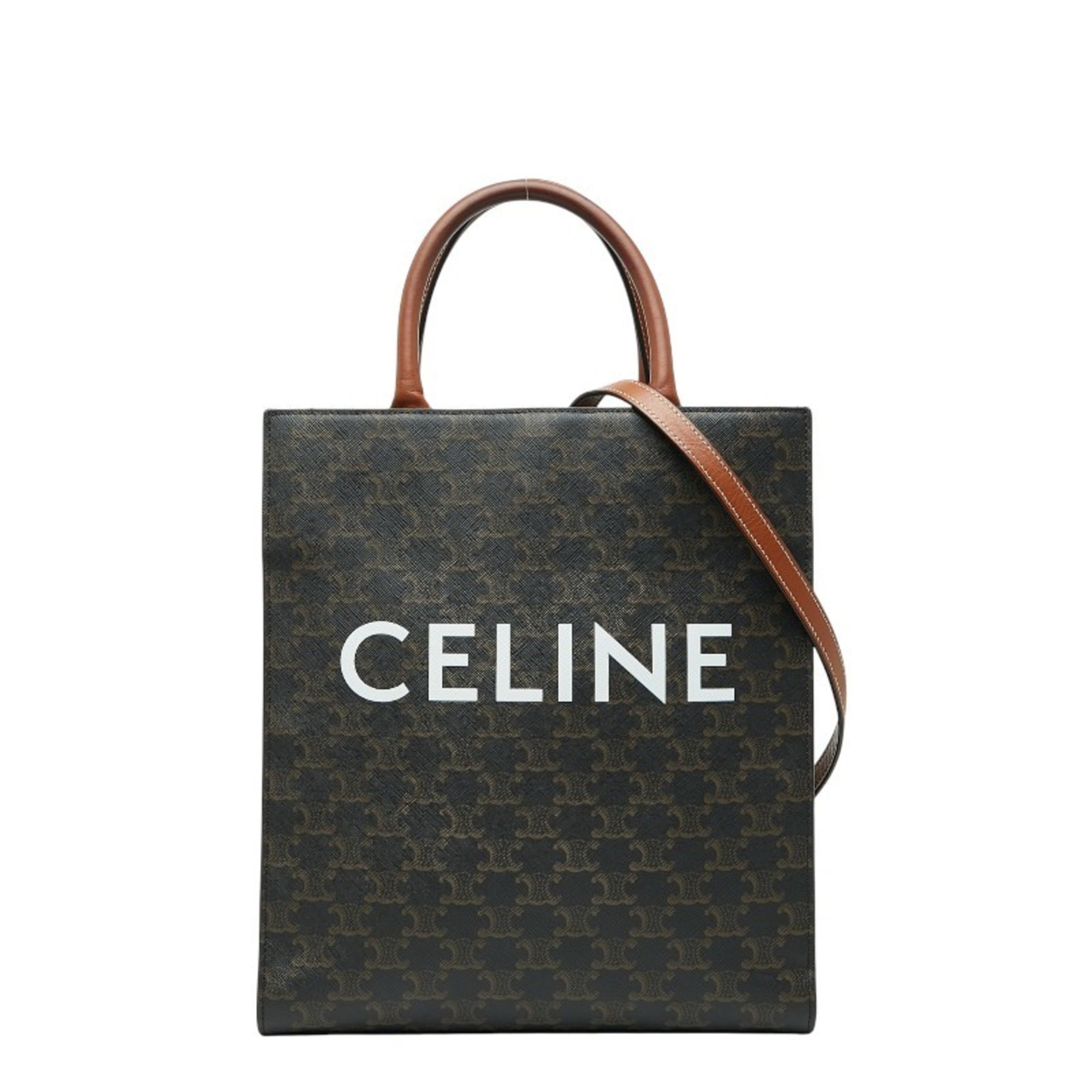 Celine Triomphe Vertical Cabas Small Tote/Shoulder Bag, 2-Way, Black/Brown Leather, Women’s, CELINE
