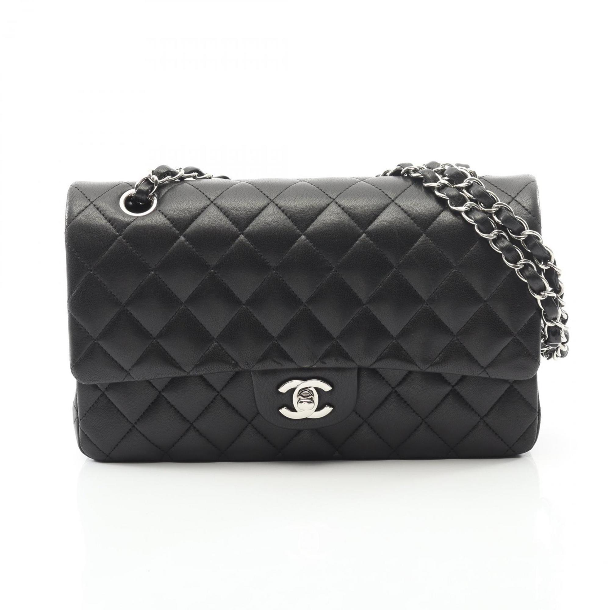CHANEL Matelasse Double Flap Shoulder Bag in Lambskin Leather, Black