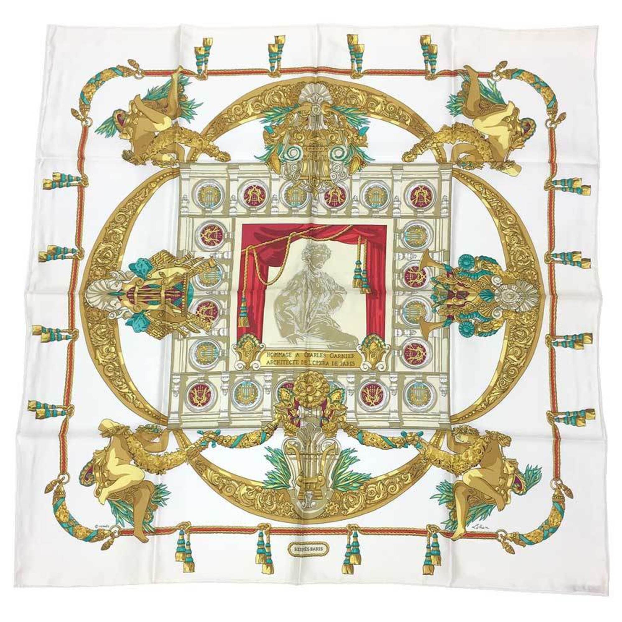 HERMES Hermes Carre 90 Scarf Muffler HOMMAGE A CHARLES GARNIER (Tribute to Charles Garnier) White 100% Silk