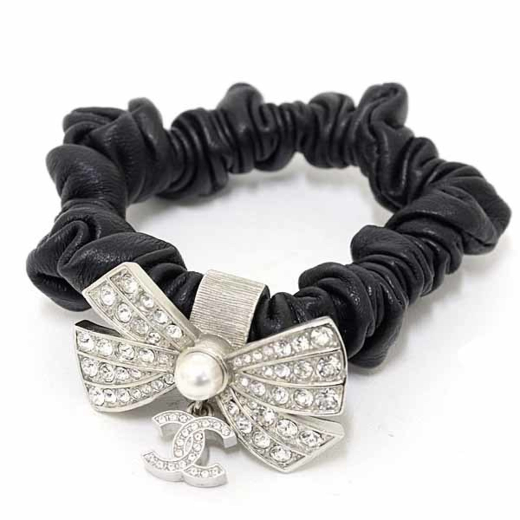 CHANEL Hair Scrunchie with Coco Mark Ribbon, Rhinestones, Faux Pearls, Leather and Metal A22P