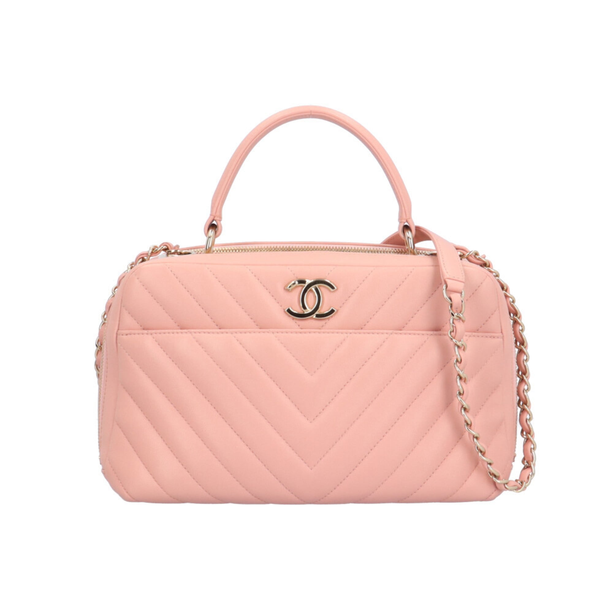 Pre-owned Chanel Bowling Bag, V-Stitch Trendy CC Shoulder Leather, A92238, Pink, Women’s, 2-Way