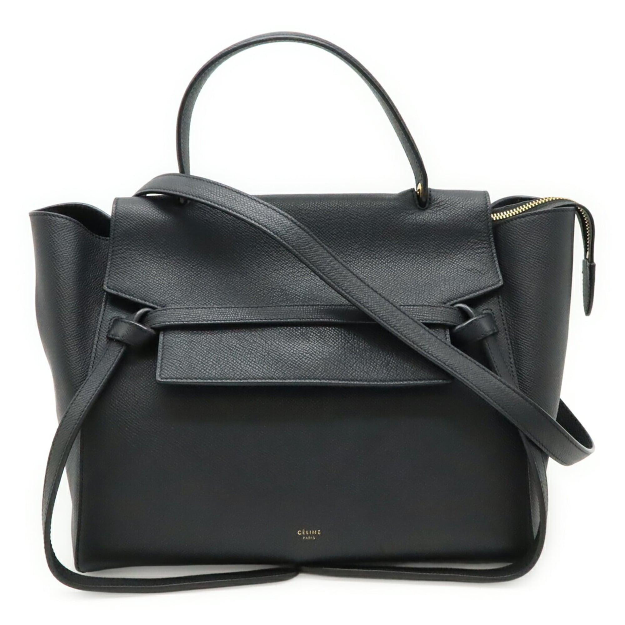 CELINE Belt Bag, Mini Handbag, Tote Shoulder Bag in Grained Calfskin, Black, 189103