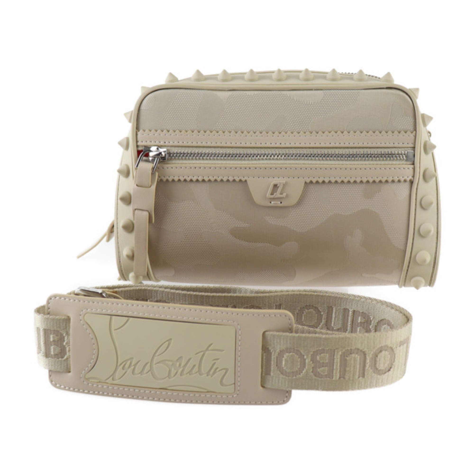 Christian Louboutin Crossbody Bag Loubitown Shoulder 1225154 Canvas Rubber Beige Pochette Camouflage Spike Studs 2421033007137R1