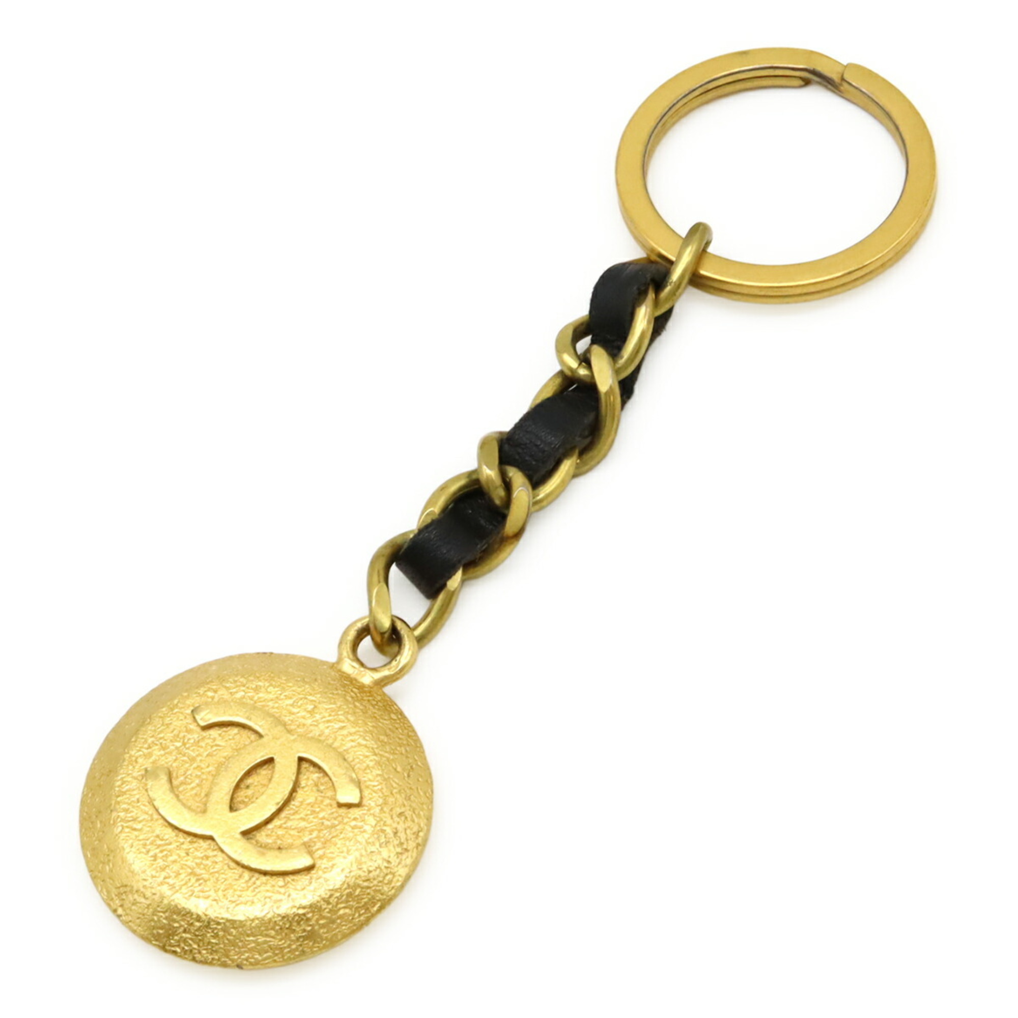 CHANEL Coco Mark CC Round Chain Keychain Key Ring Bag Charm GP Leather Gold Black 95P