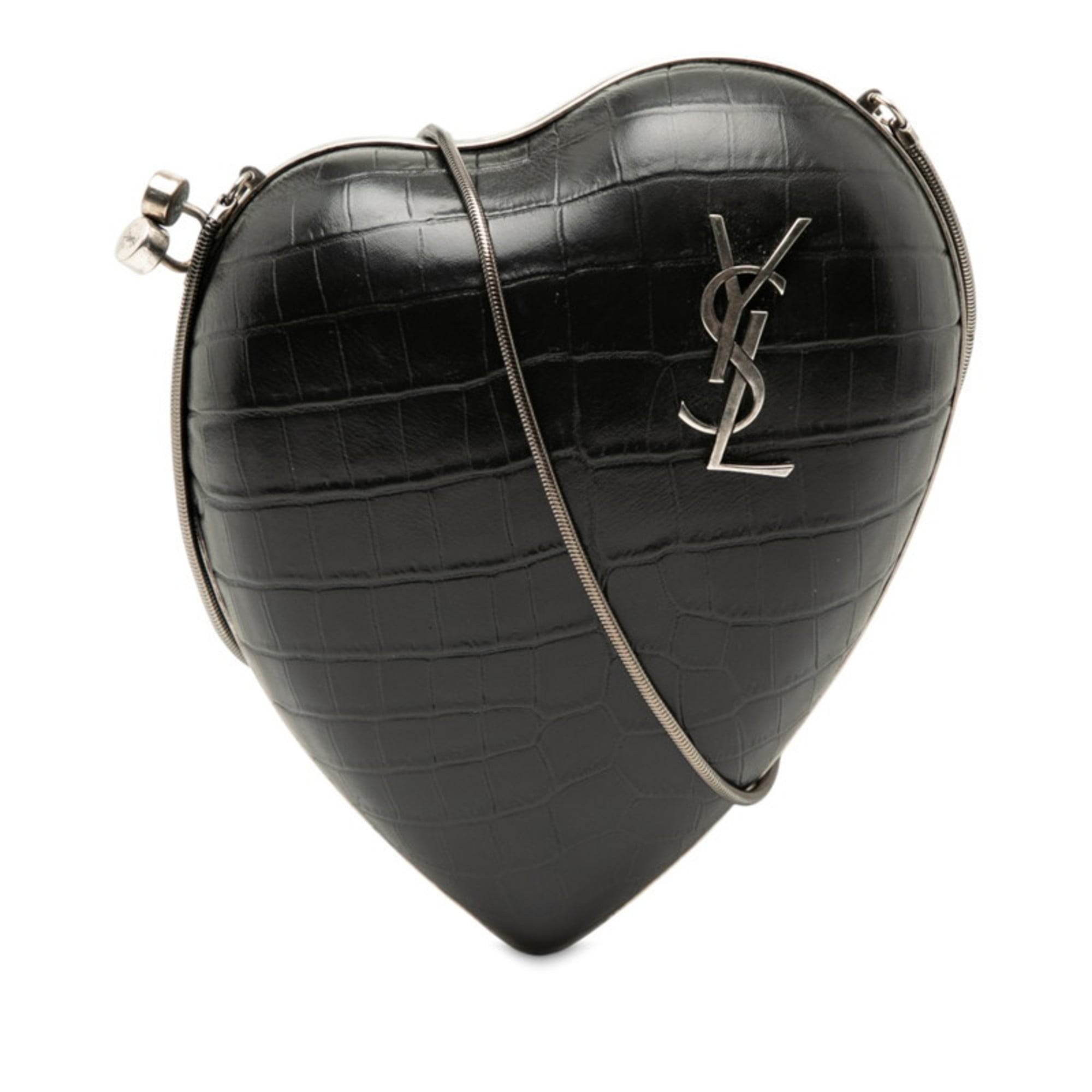 Saint Laurent YSL Logo Heart-Shaped Crocodile Embossed Love Box Shoulder Bag 466212 Black Leather Women’s SAINT LAURENT