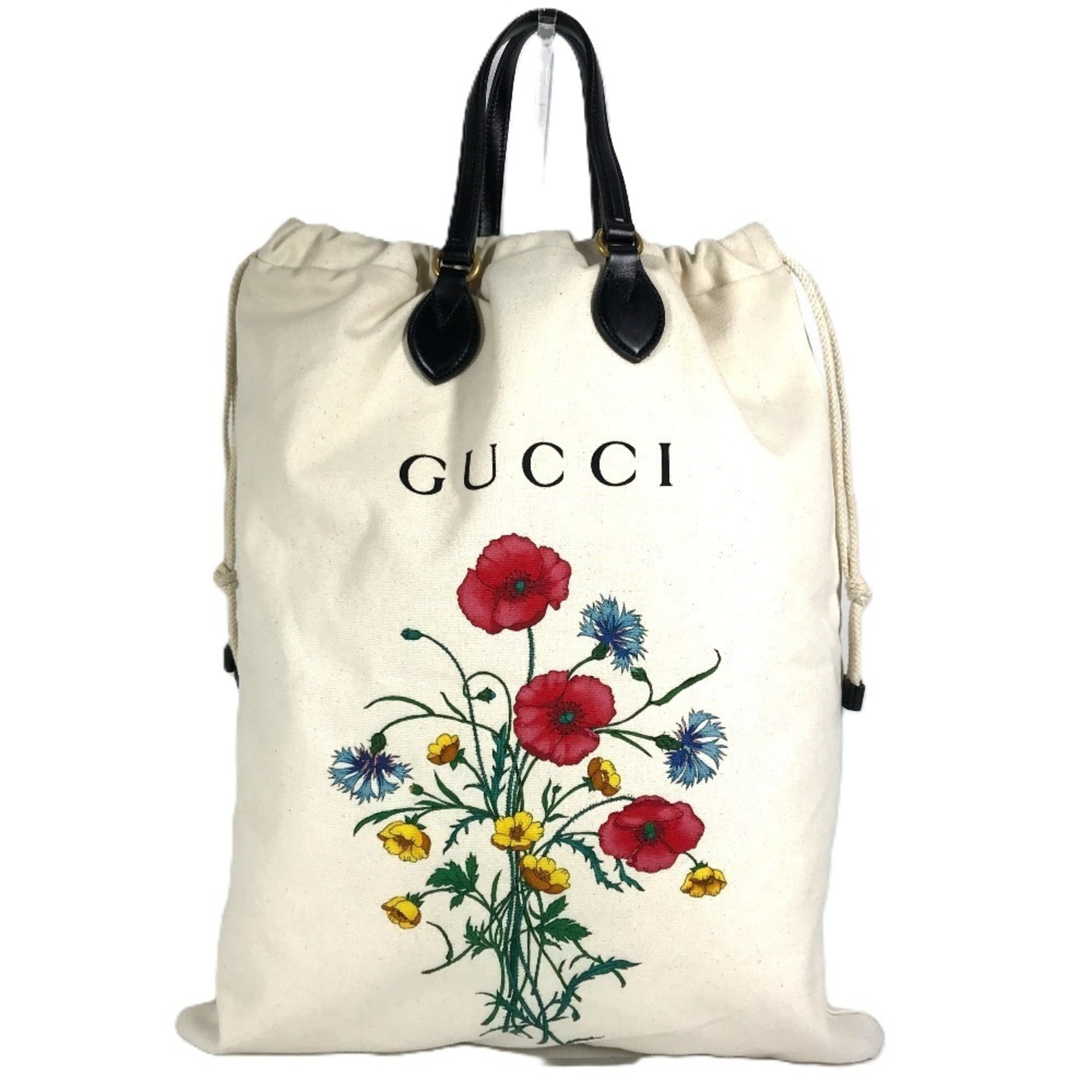 GUCCI 552403 Flower Flora Chateau Marmont Drawstring Tote Bag, Leather/Canvas Shoulder Unisex, White
