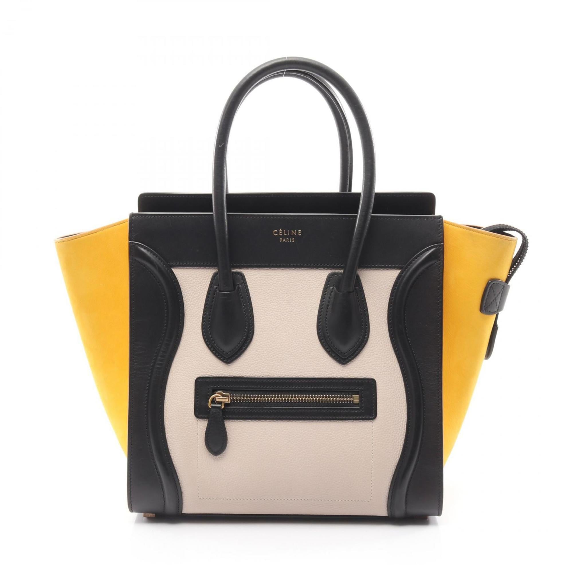 Celine Luggage Micro Shopper Handbag, Leather, Women’s, Black, Ivory, Yellow