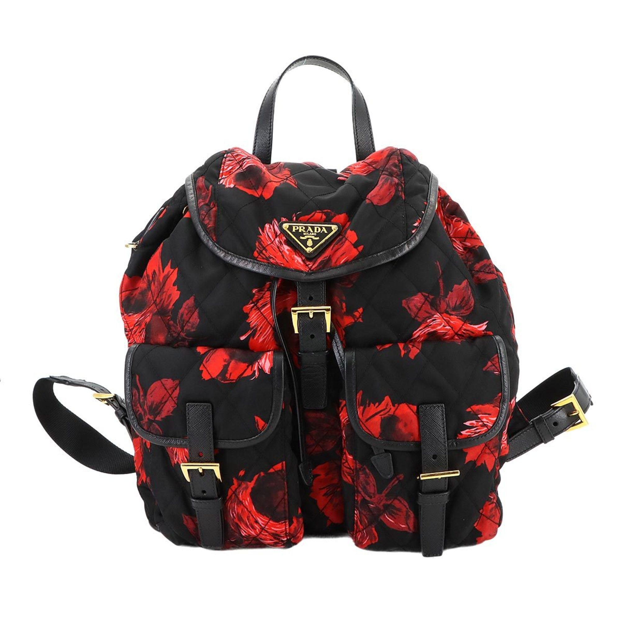 Prada Backpack, Quilted Nylon and Saffiano Leather, Black Red with Floral Print, 1BZ811