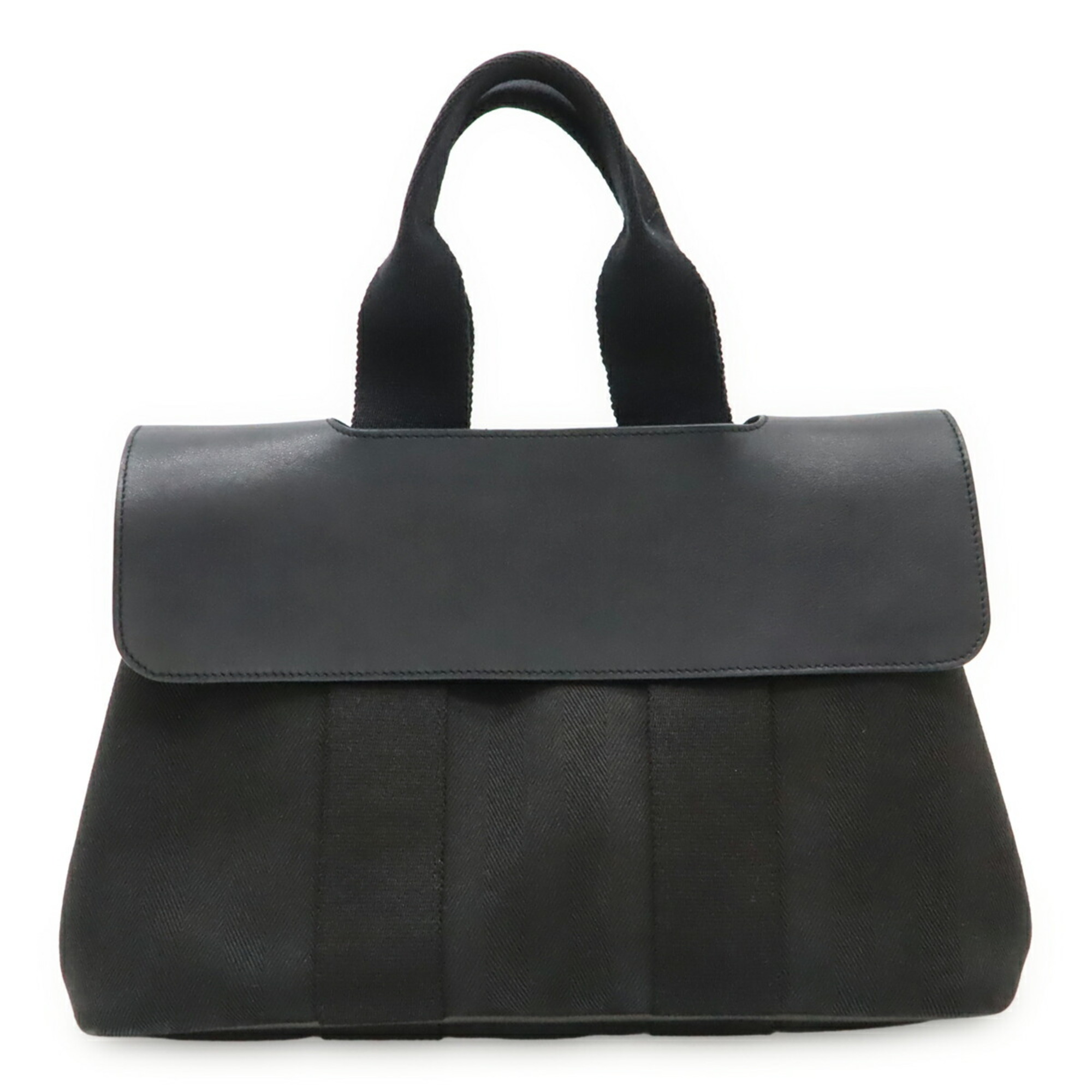 HERMES Valparaiso PM handbag tote bag in Toile Chevron leather black.