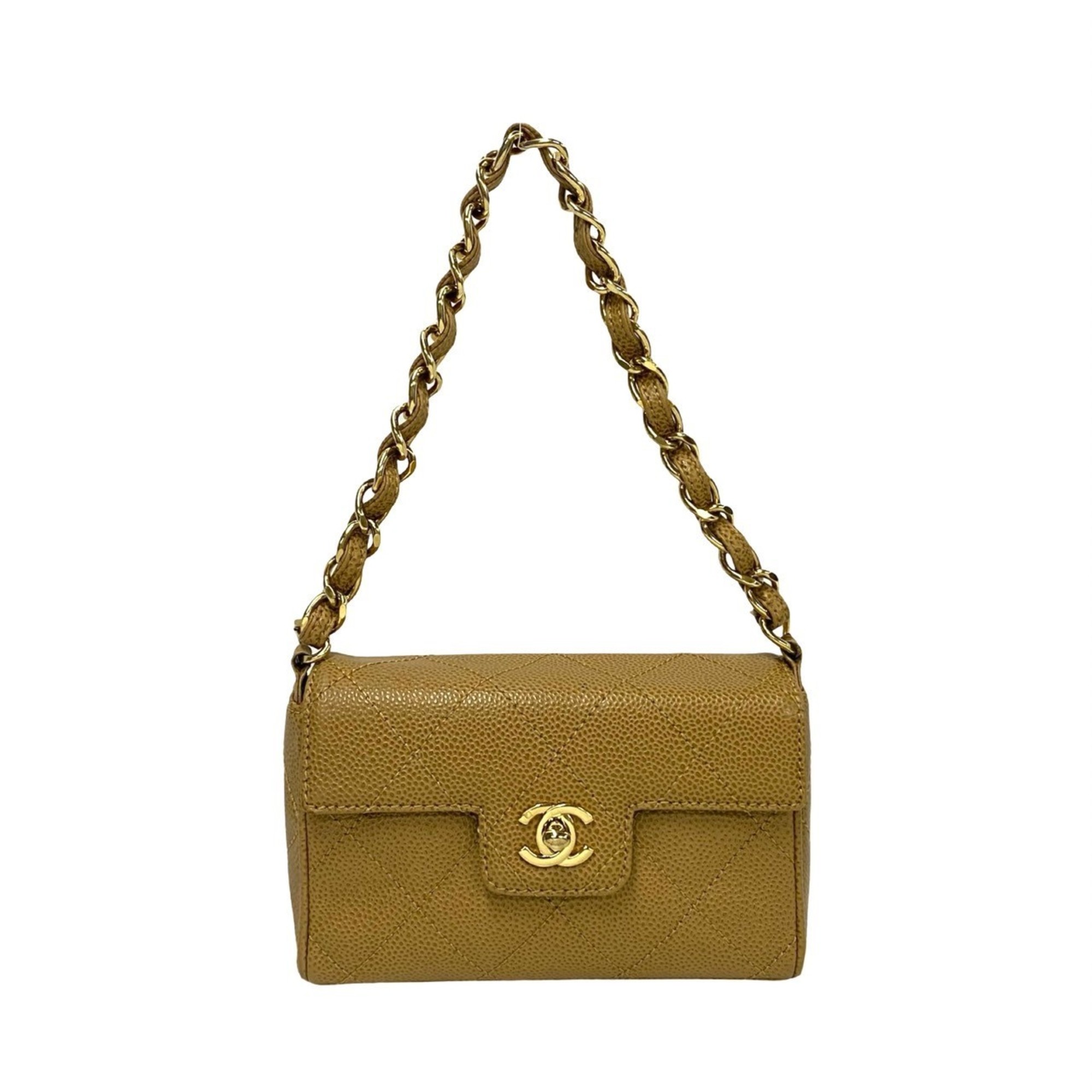 CHANEL Matelasse Coco Mark Caviar Leather Chain Mini Handbag, Beige, 19007