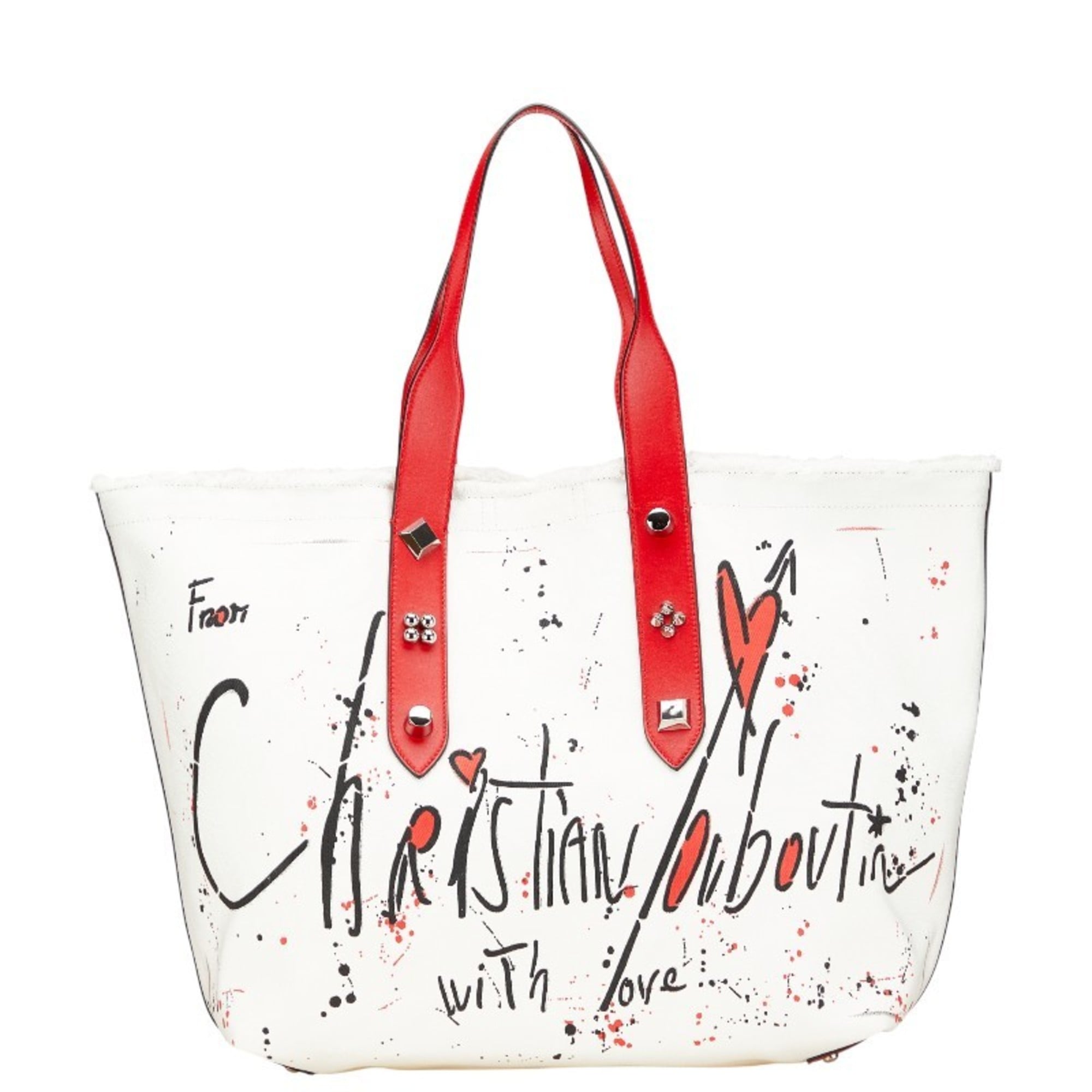 Christian Louboutin Frangibus Medium Tote Bag, Handbag in White and Multicolor Canvas Leather, Women’s