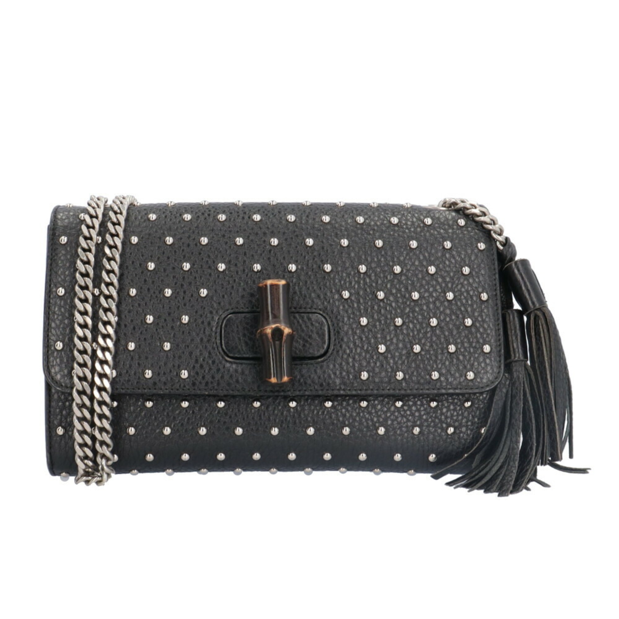 Gucci Studded Bamboo Shoulder Bag, Leather, 387611, Black, Women’s, with Chain