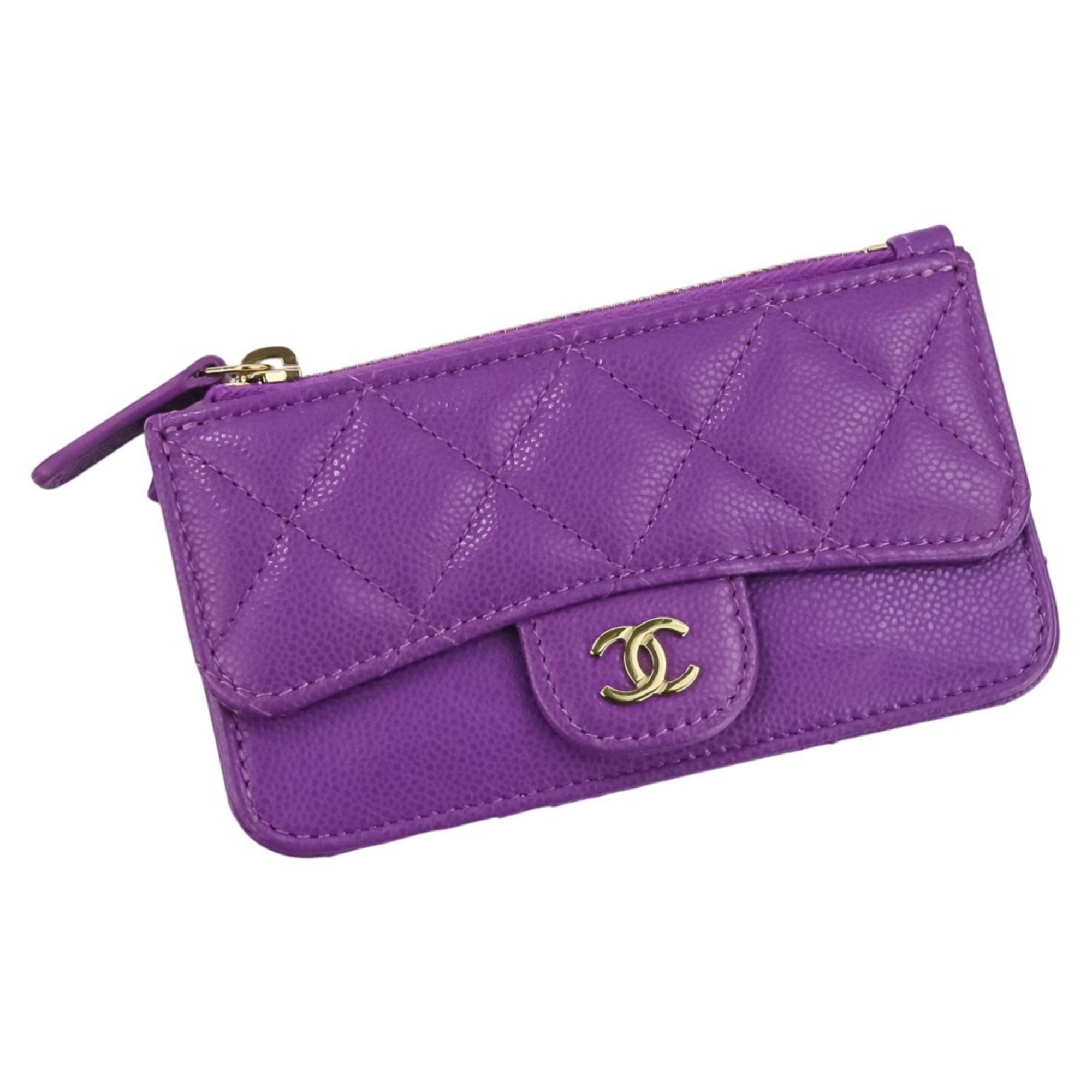 CHANEL Caviar Leather Matelasse Coco Mark Fragment Case Wallet/Coin Case/Business Card AP2570 Purple Women’s