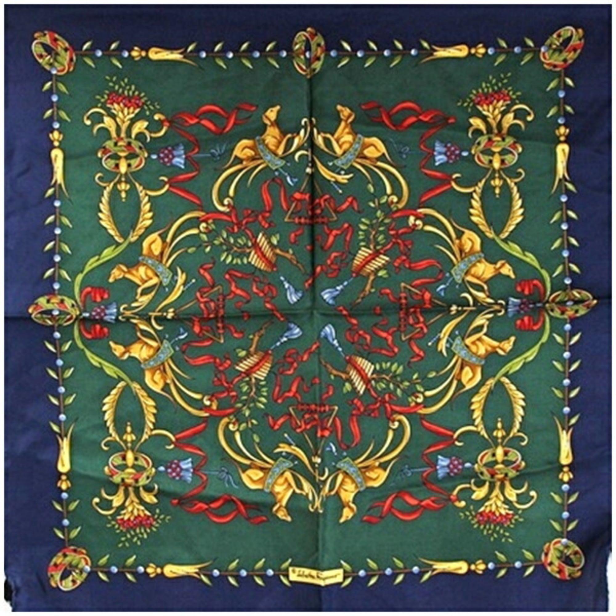 Salvatore Ferragamo Silk Mini Scarf, Unused, Green x Navy, Women’s