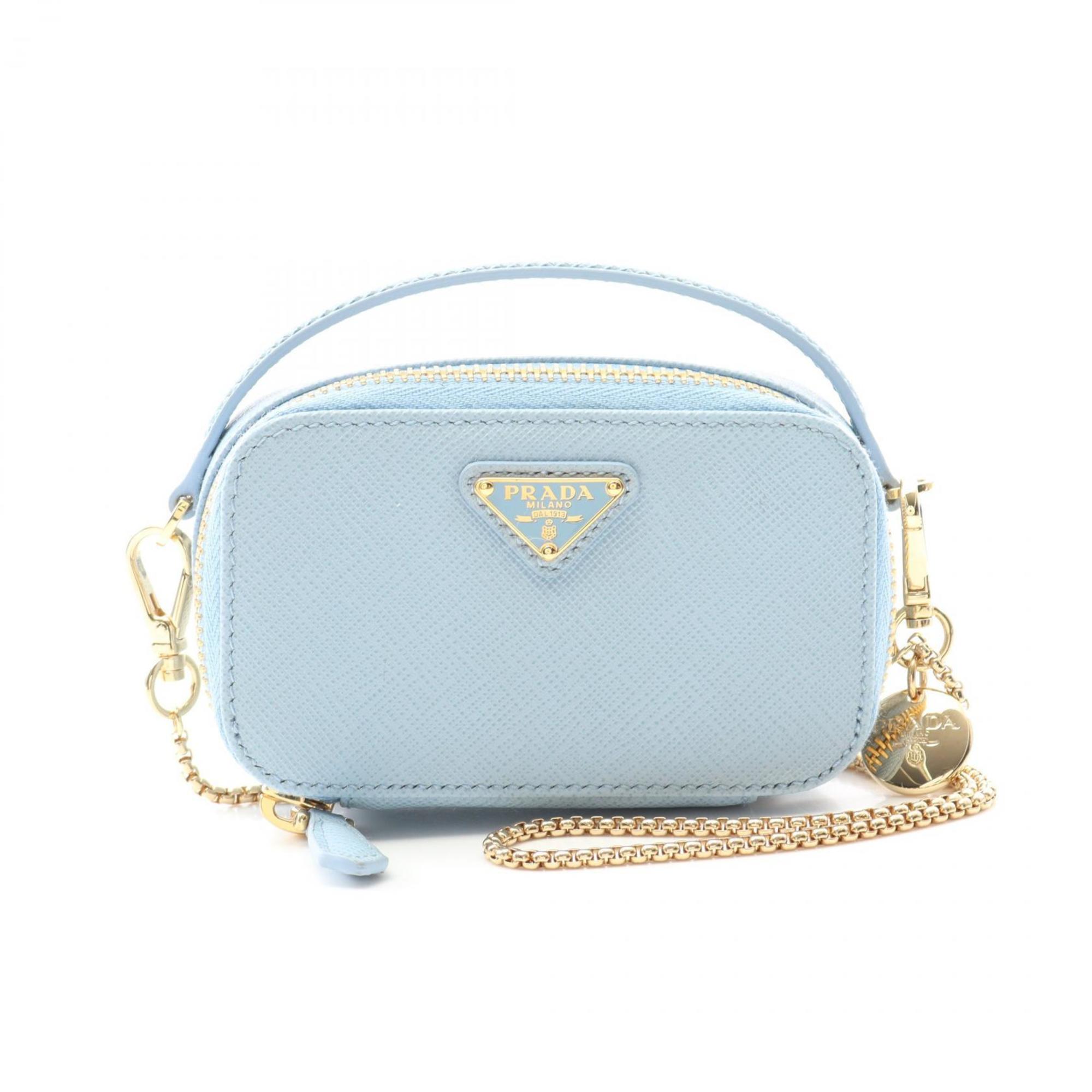 PRADA Saffiano Triangle Mini Pouch Shoulder Bag Leather Women’s Blue 1NR025