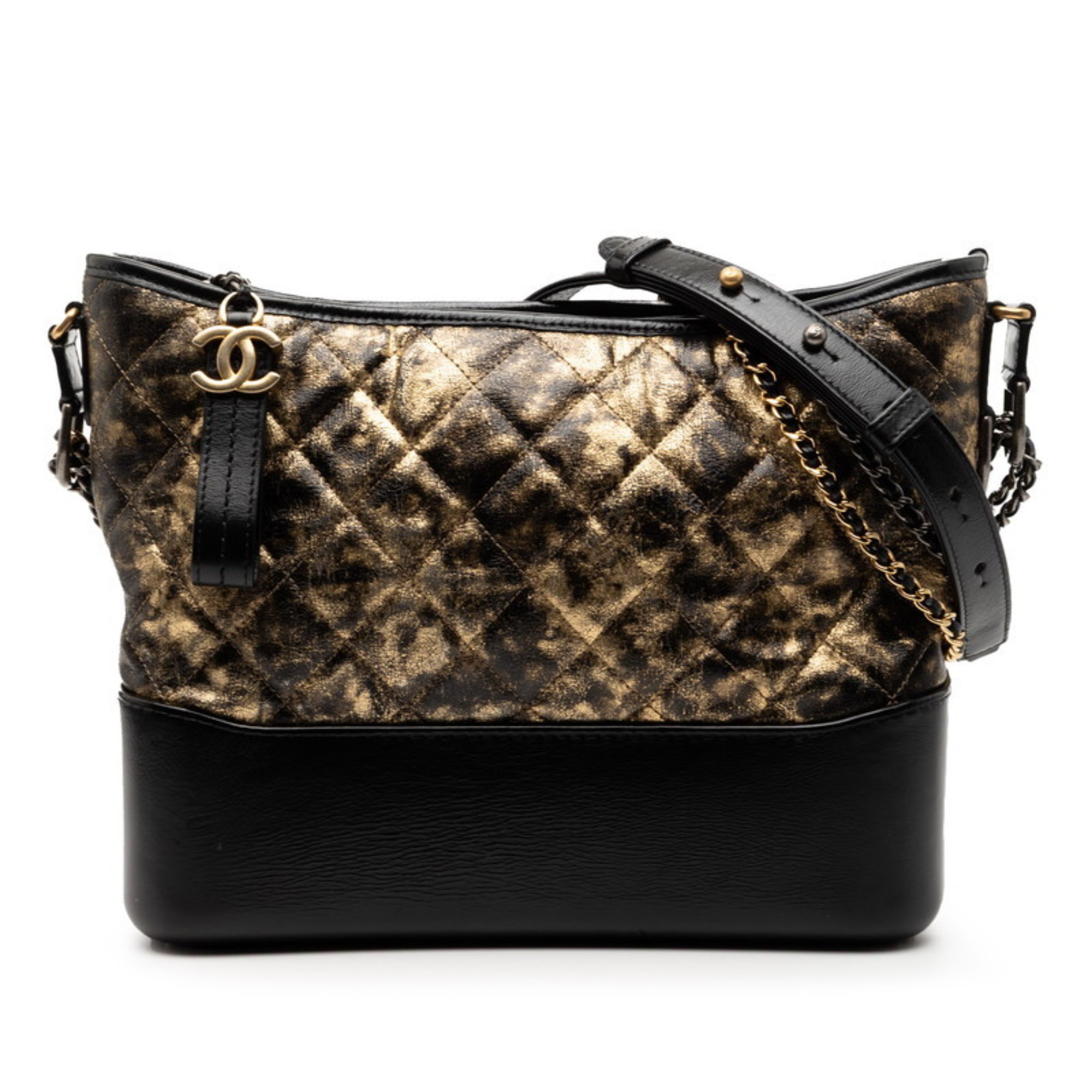 Chanel Coco Mark Gabrielle de Chain Shoulder Bag in Black and Gold Leather for Women