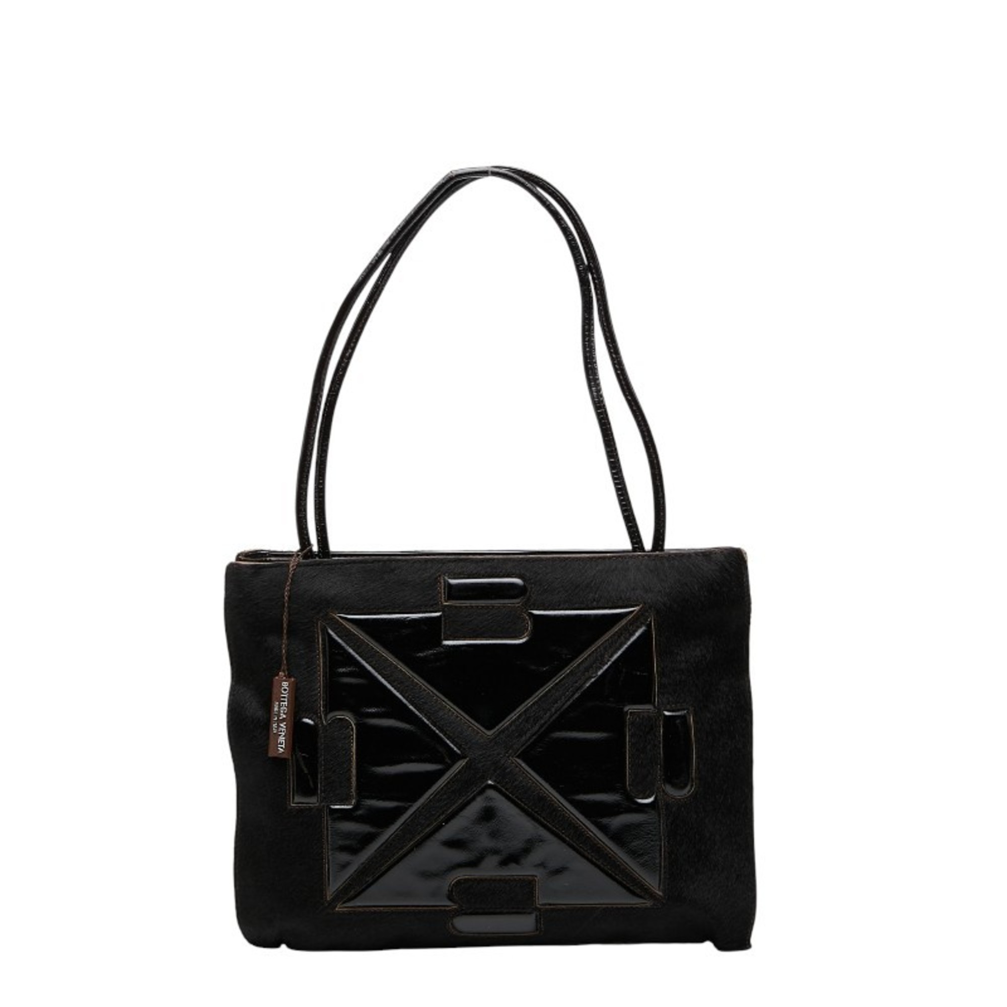 Bottega Veneta handbag in black pony and patent leather for women.