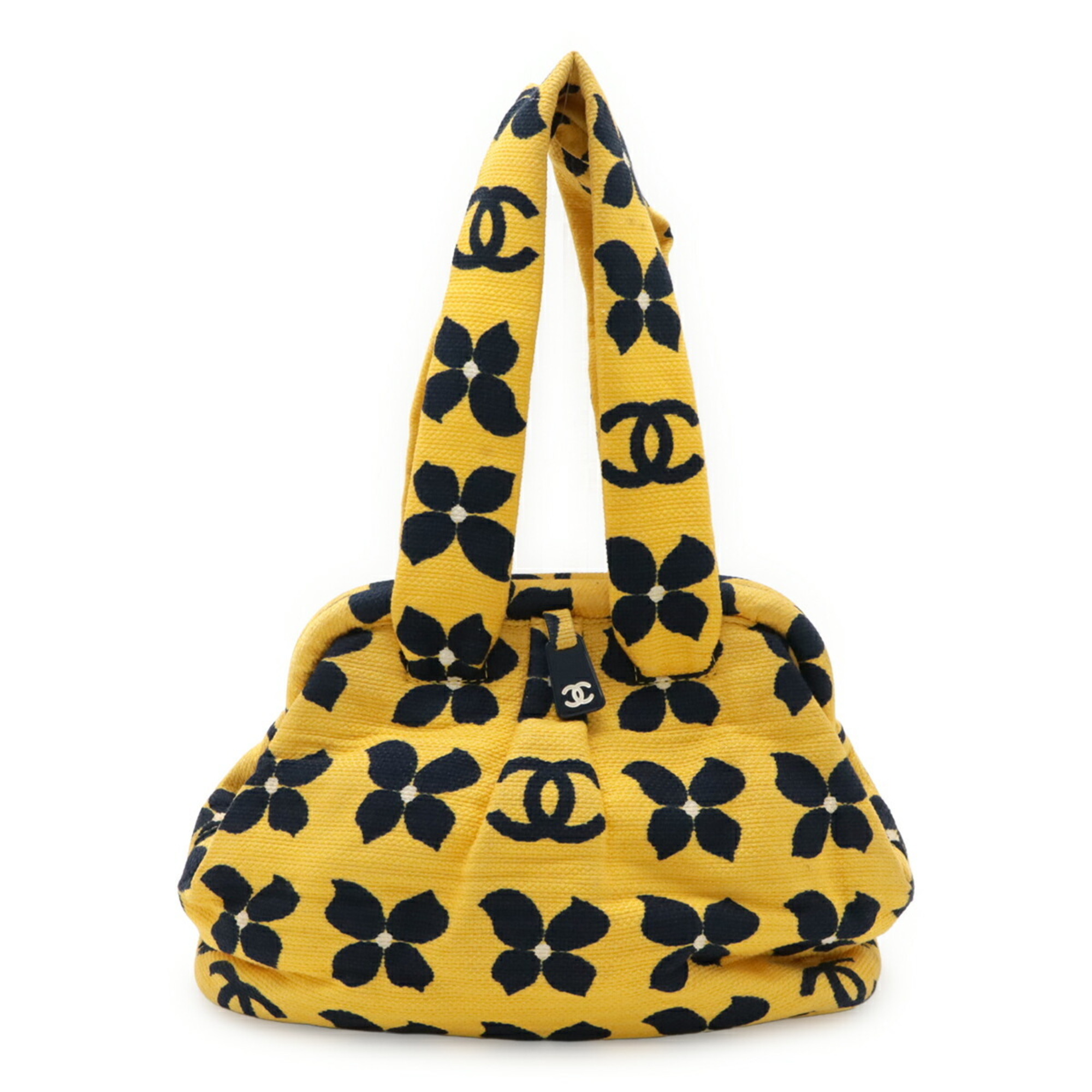 CHANEL Coco Mark Flower Handbag Canvas Yellow Navy