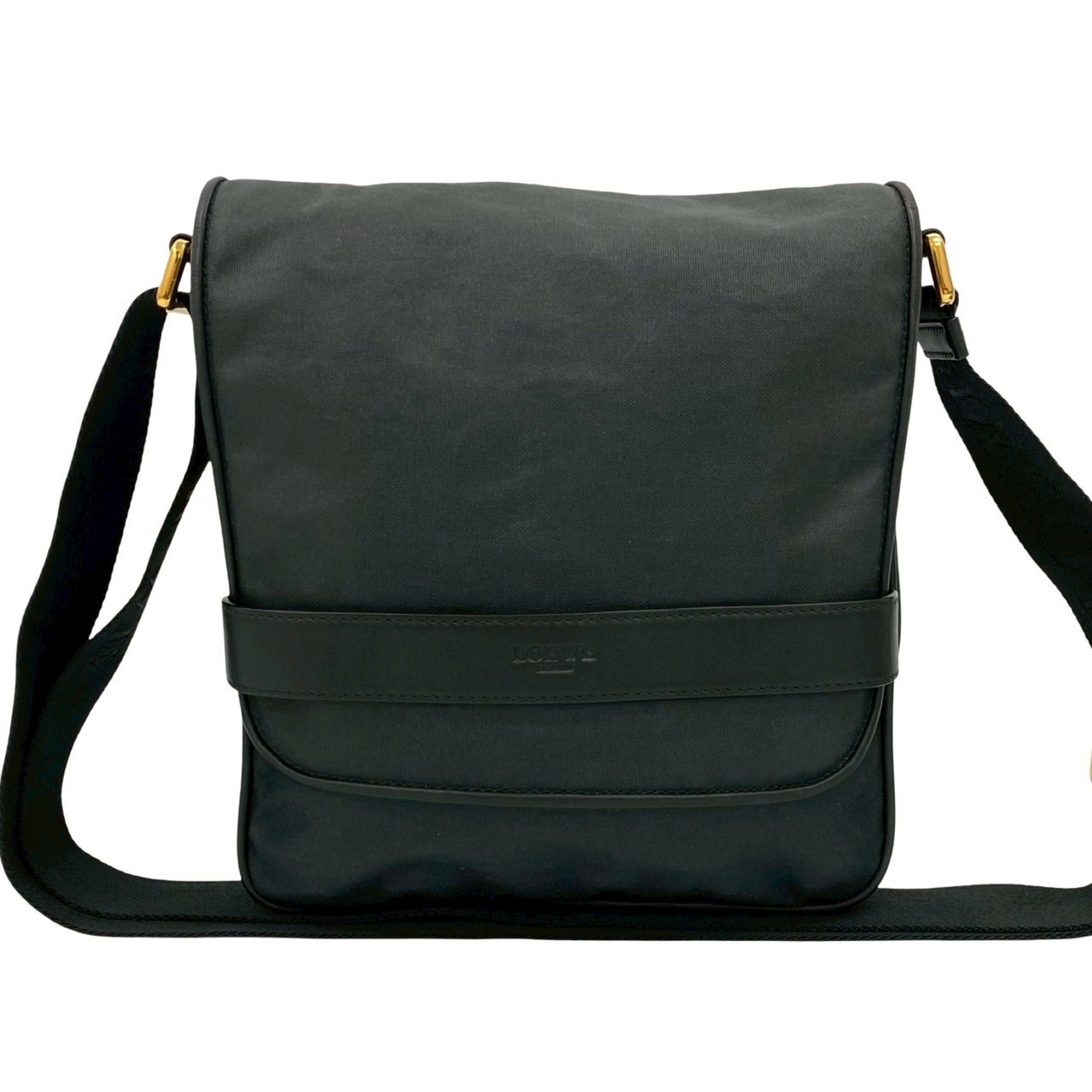 LOEWE Logo Engraved Leather Coated Canvas Shoulder Bag/Messenger Bag Sacoche Black 40574