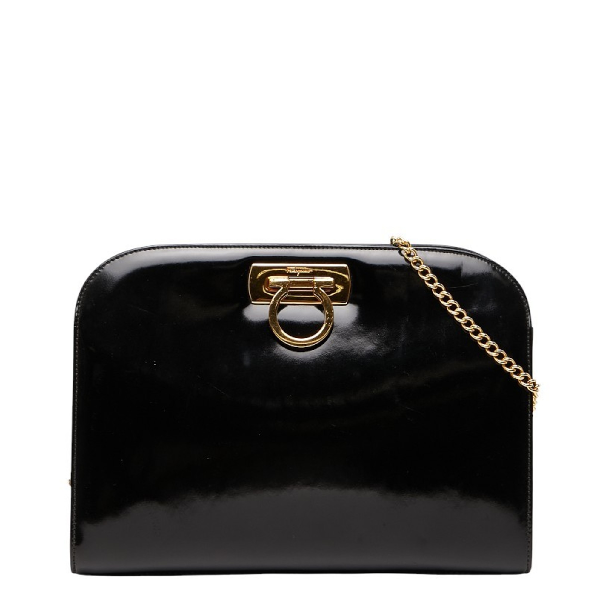Salvatore Ferragamo Gancini Chain Shoulder Bag in Black Patent Leather for Women