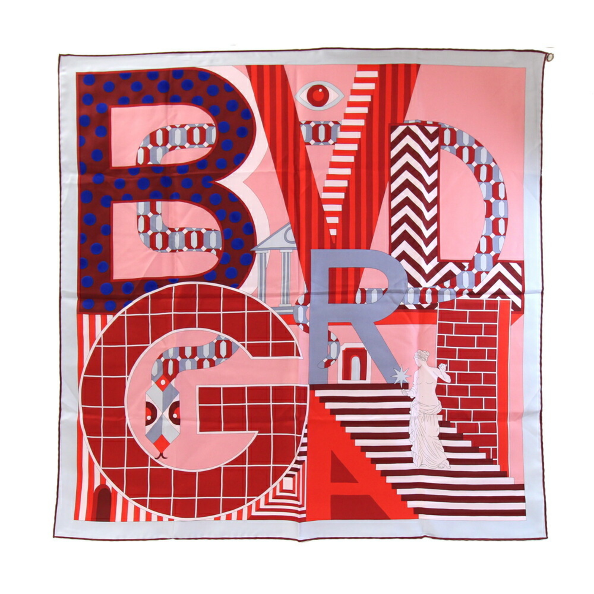 BVLGARI Scarf, Gray/Red, 100% Silk, Large Stole, Women’s