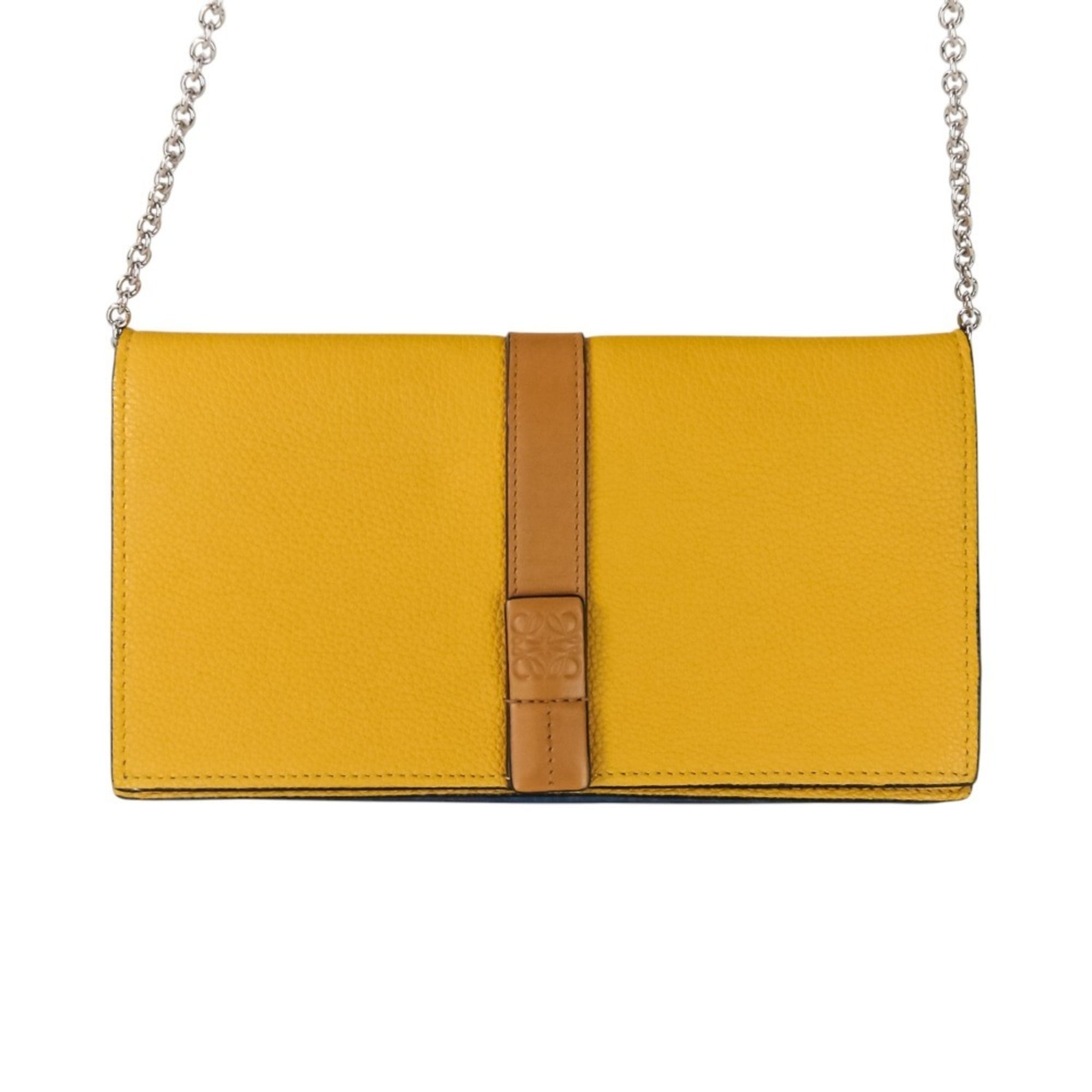 LOEWE Anagram Leather Chain Wallet Shoulder Bag Pochette Yellow Women’s