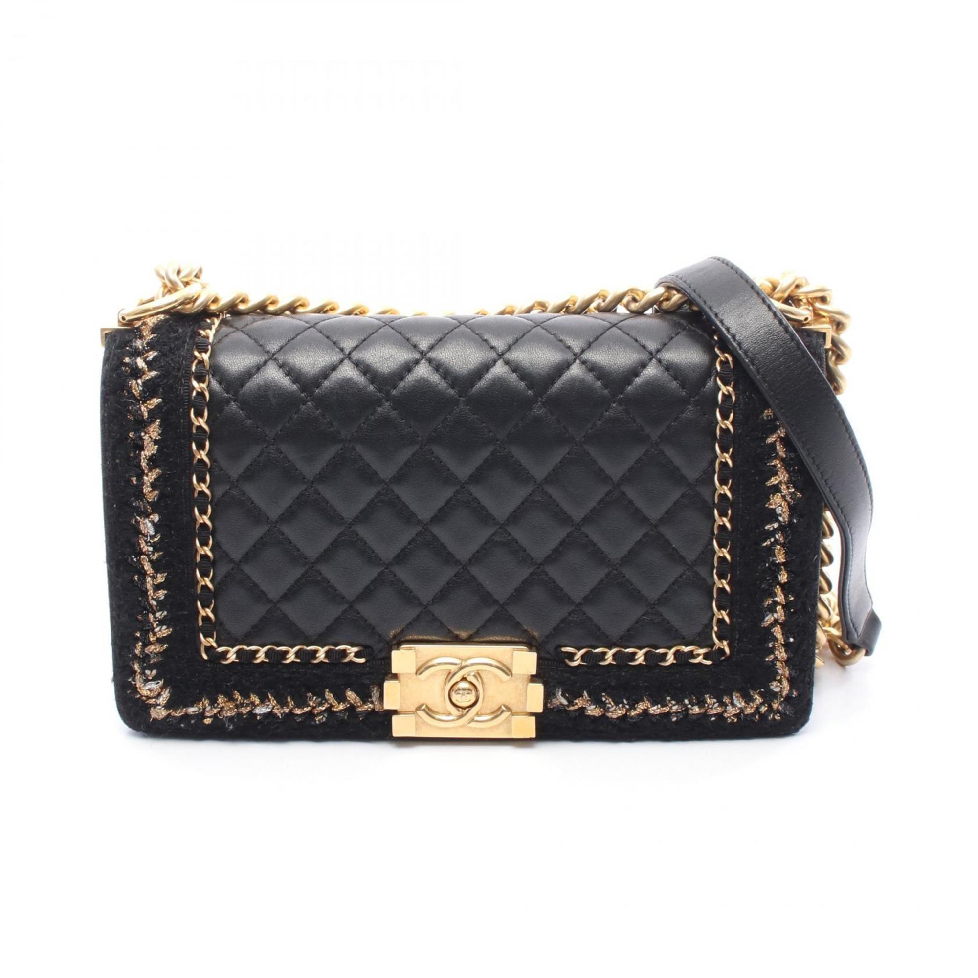 CHANEL Boy Chanel Large Matelasse Shoulder Bag in Lambskin Fabric, Black/Gold, Women’s, A92193