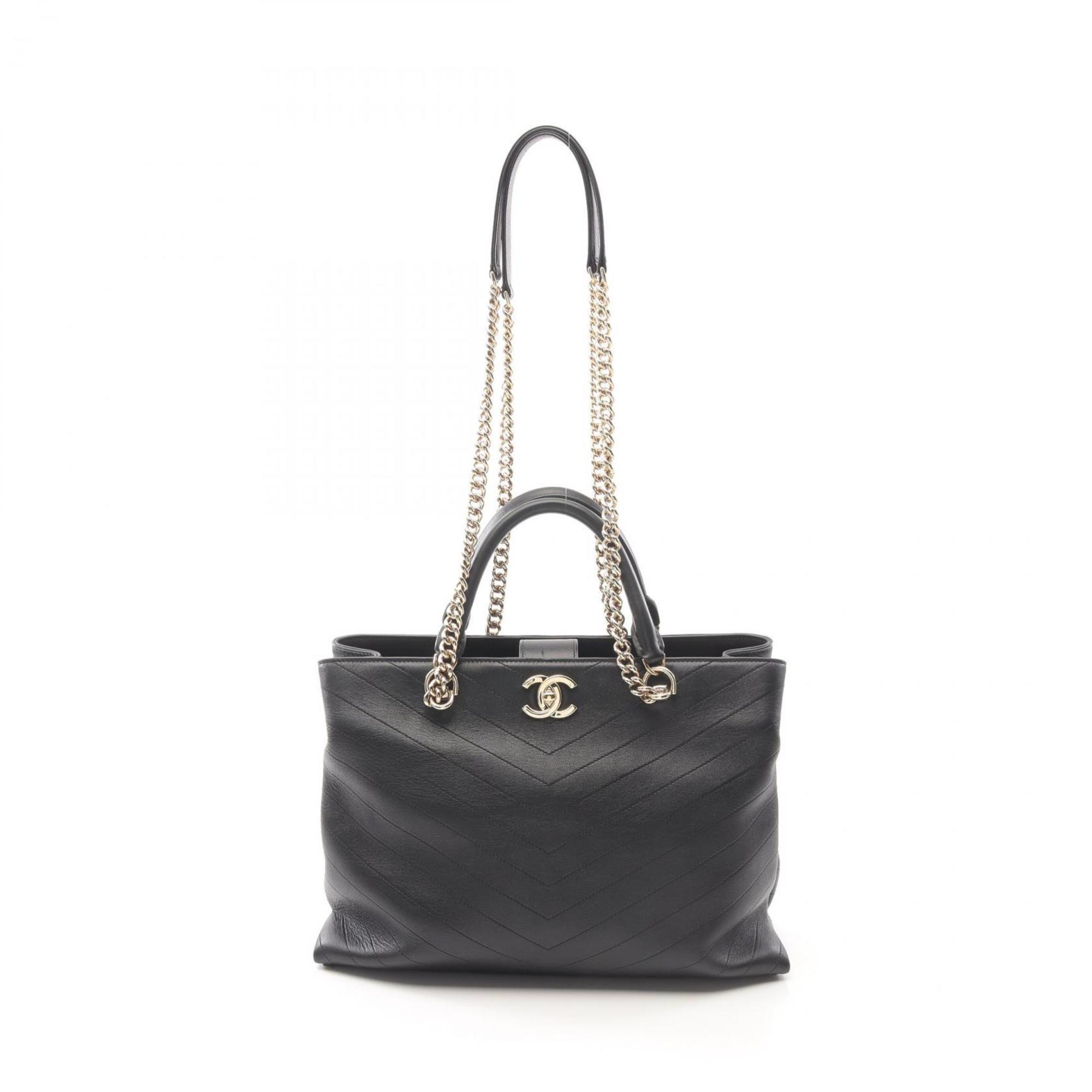 CHANEL Chevron V-stitch Tote Bag Leather Women’s Black