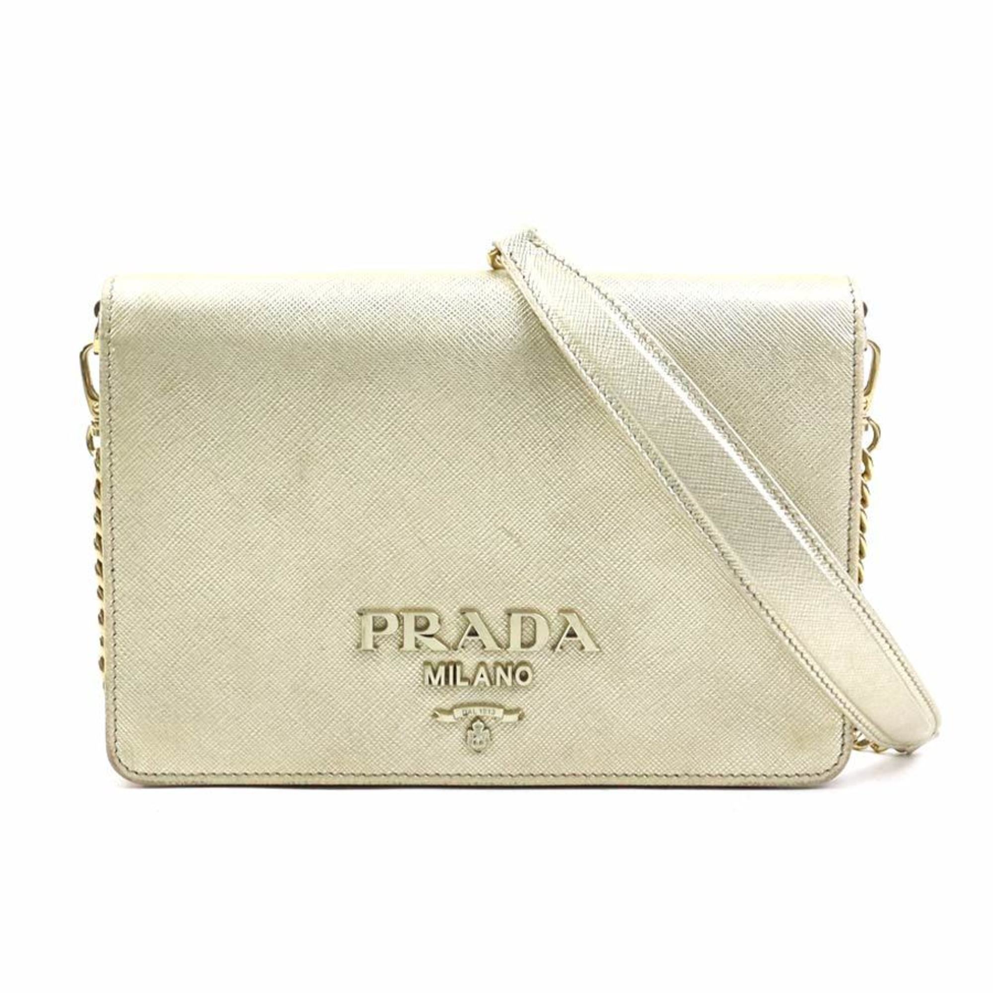 Prada Shoulder Bag with Chain Wallet, Leather, Metal, and Gold, Women’s, e61055a