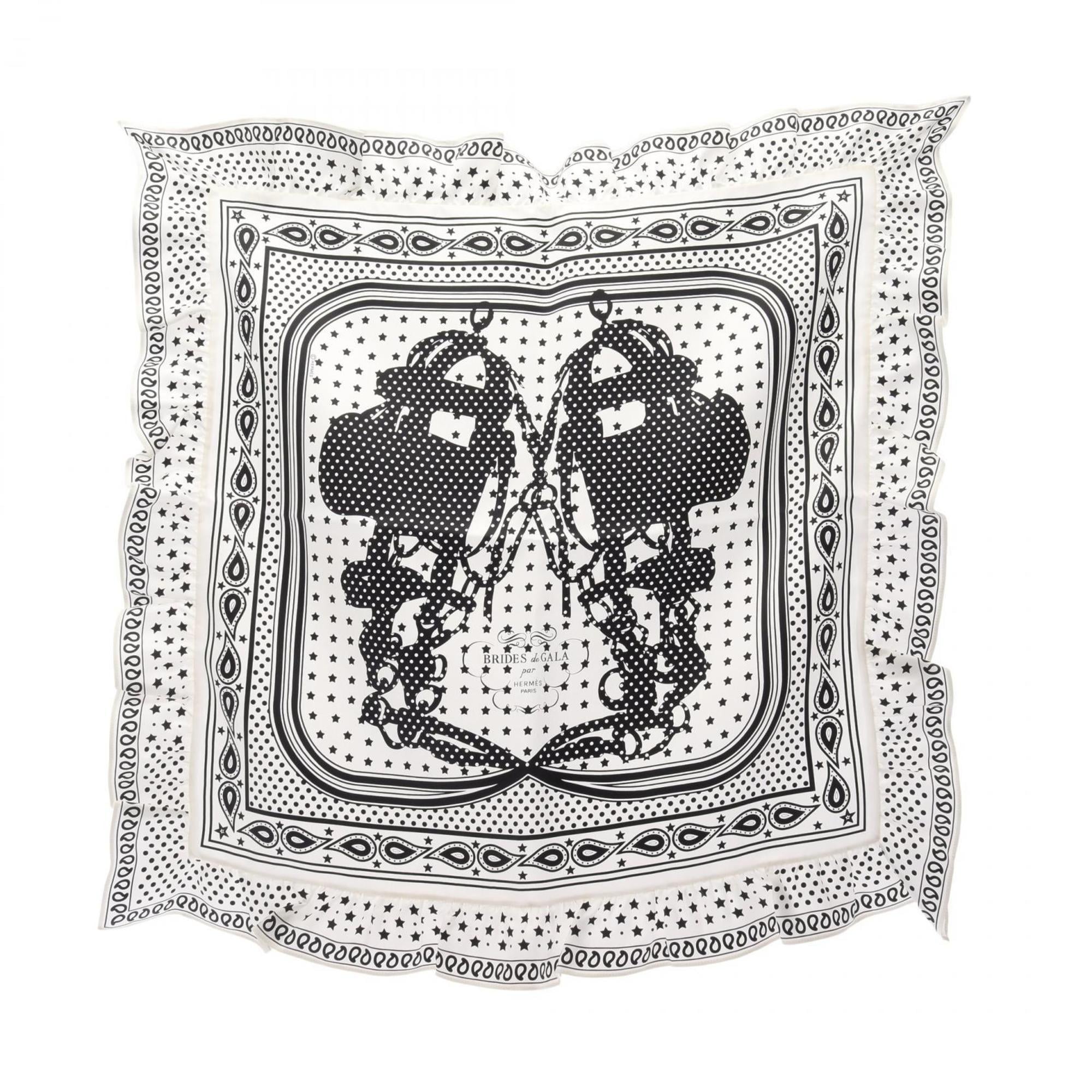 HermÃ¨s HERMES CarrÃ© 70 BRIDES de GALA Bandana Frilled Silk Scarf for Women in White and Black