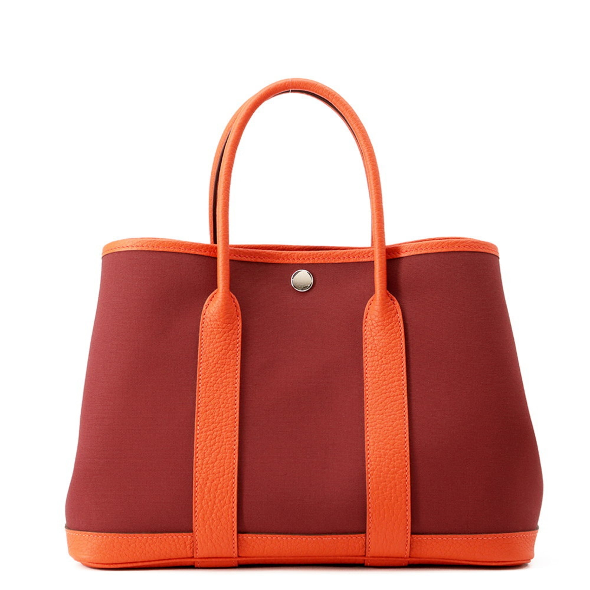 Hermes HermÃ¨s Garden TPM tote bag in Rouge Grenat, Orange Poppy, Toile H, and Negonda, stamped with a B.