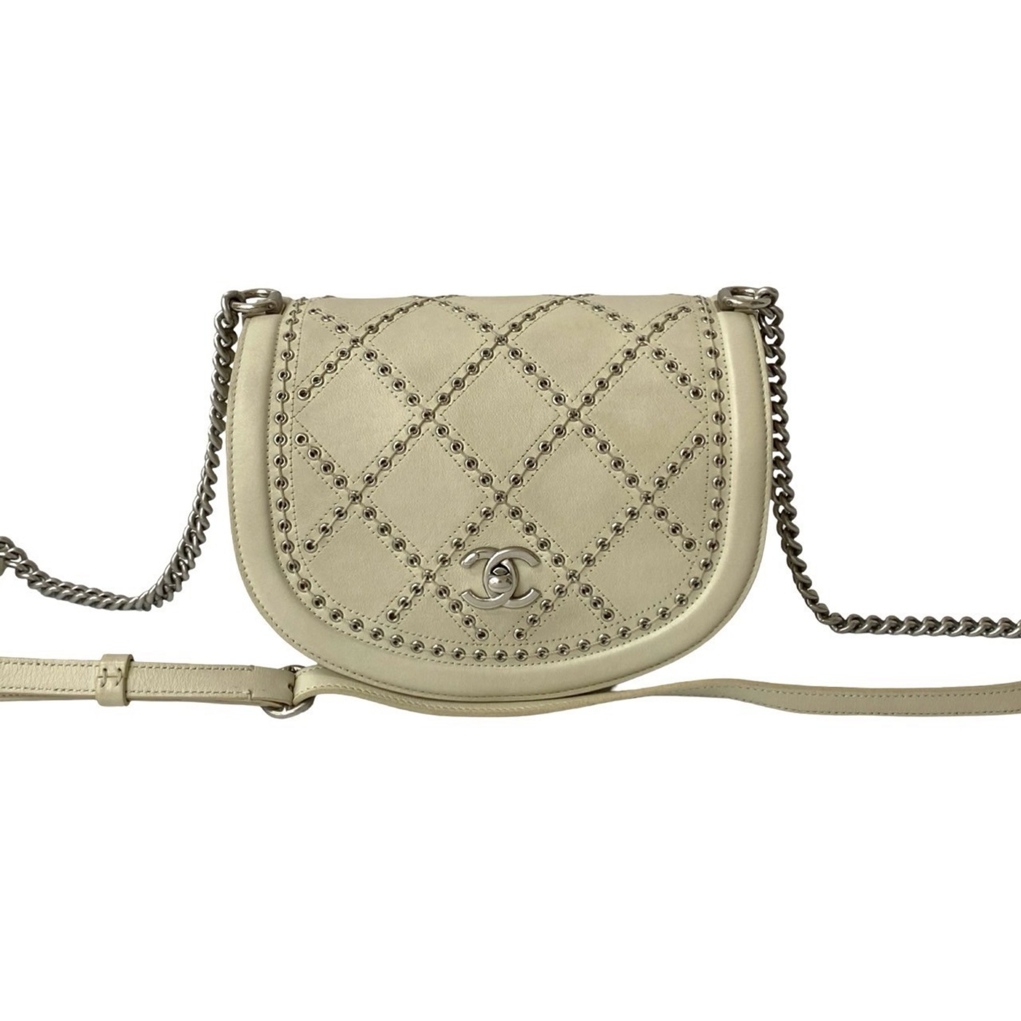 CHANEL Coco Mark Punched Stitched Leather Chain Shoulder Bag, Ivory, 25056