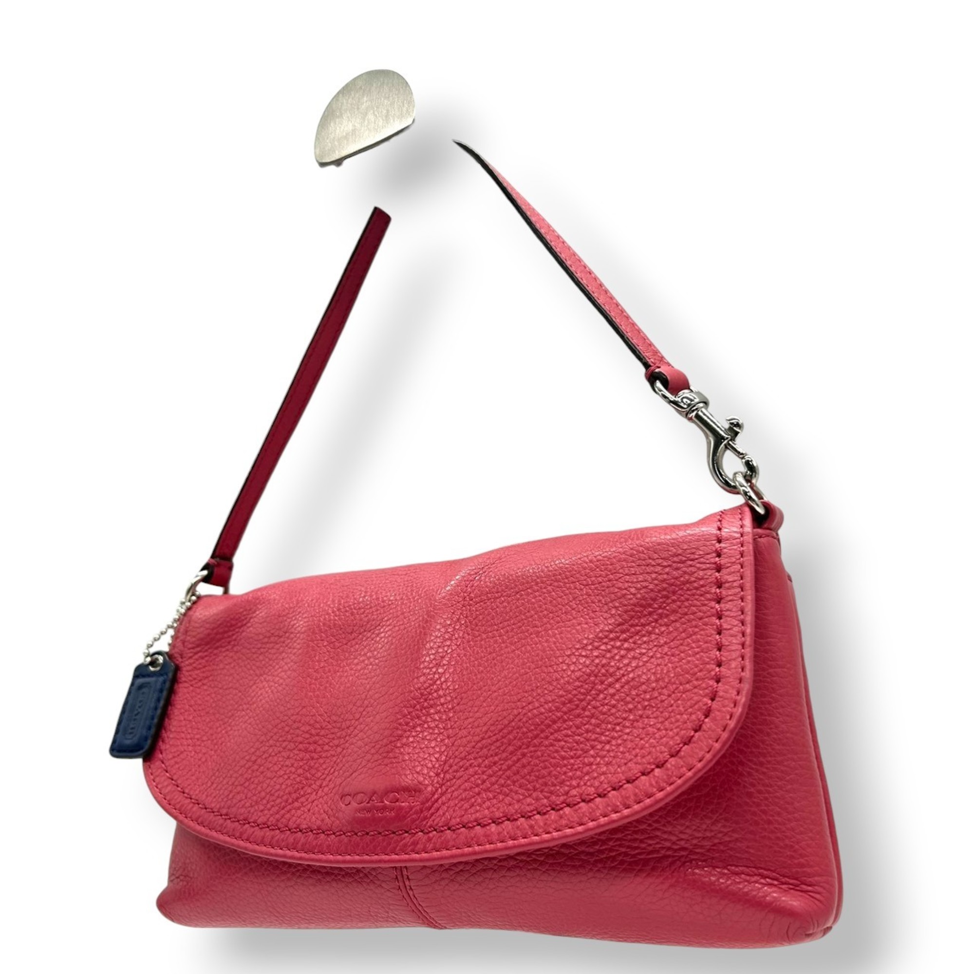 Coach handbag, leather, pink and navy, two-tone, accessory pouch, wristlet, mini bag, women’s, flap, with charm, U1