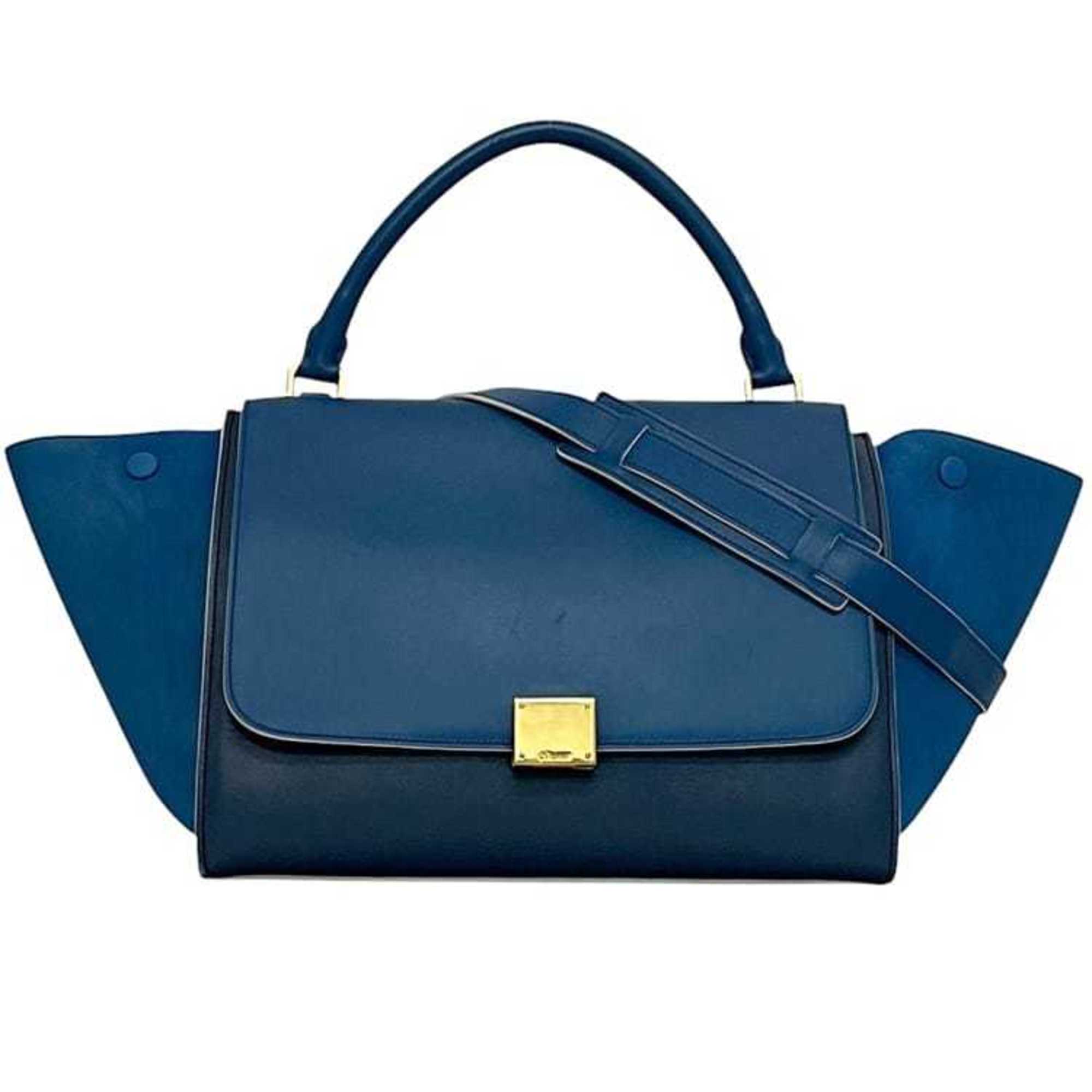 Celine 2-way bag Trapeze f-24240 Blue Navy Leather S-VP-4125/S-MM-4145 CELINE handbag flap shoulder blue navy ladies